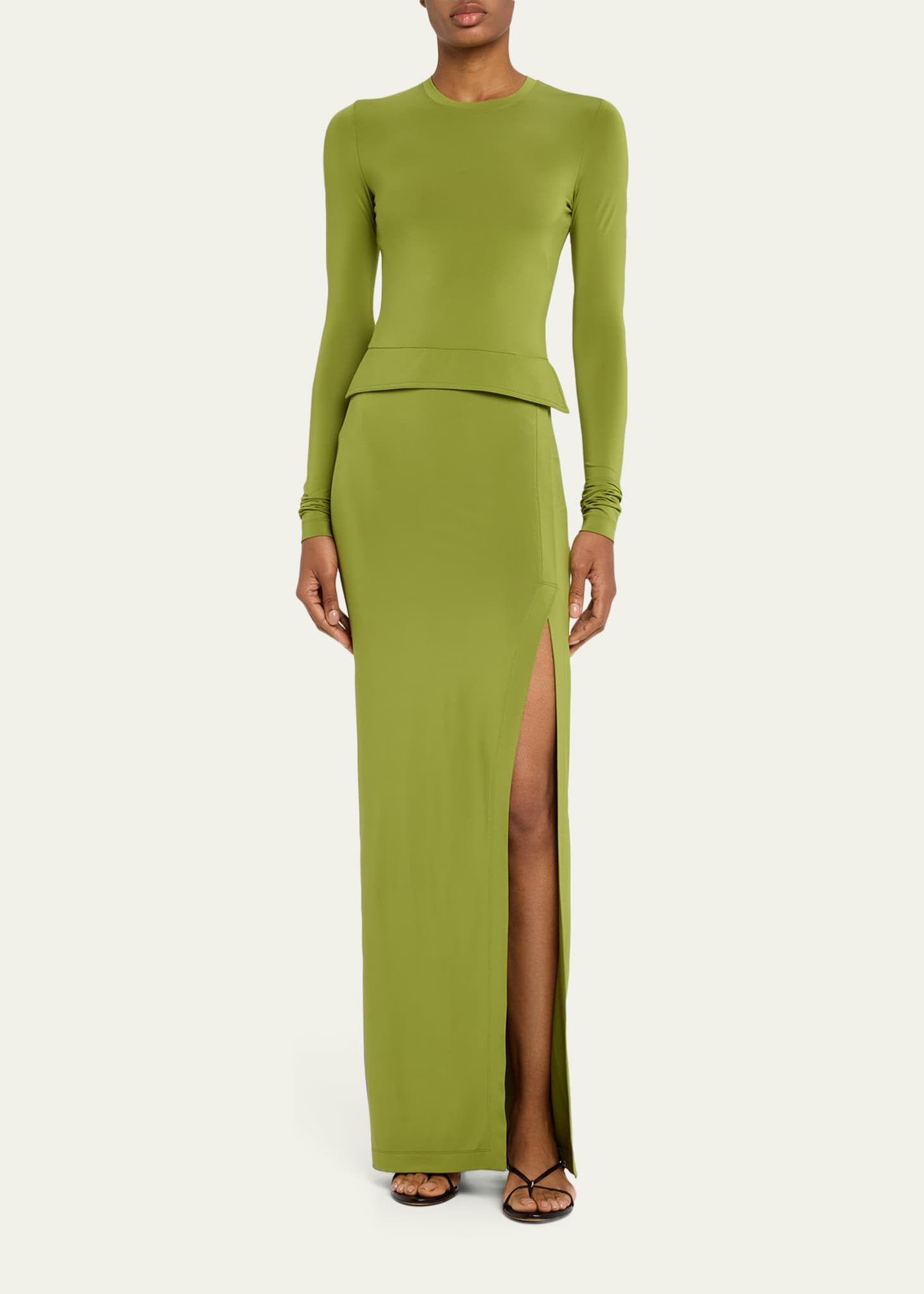 long green knitted dress Green Ribbed Long Sleeve Midi Dress