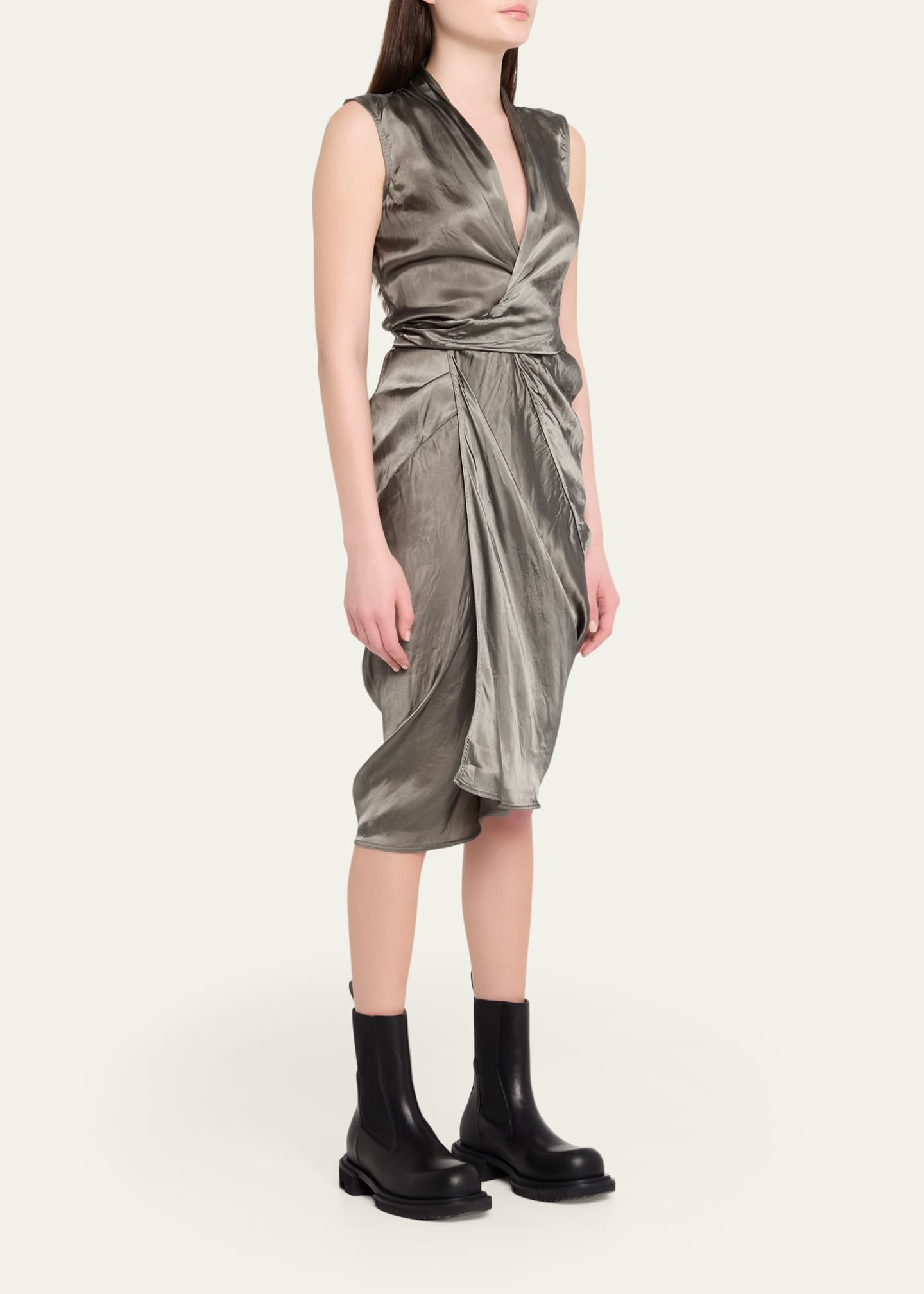 sleeveless satin wrap dress Rick Owens Sleeveless Satin Wrap Dress, Euca, Women's, 42, Cocktail & Party Wedding Guest Dresses Wrap Dresses
