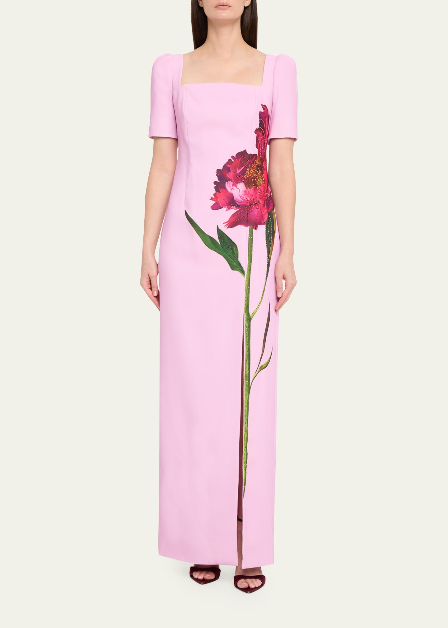 Rickie Freeman for Teri Jon Beaded Floral-Print Crepe Column Gown