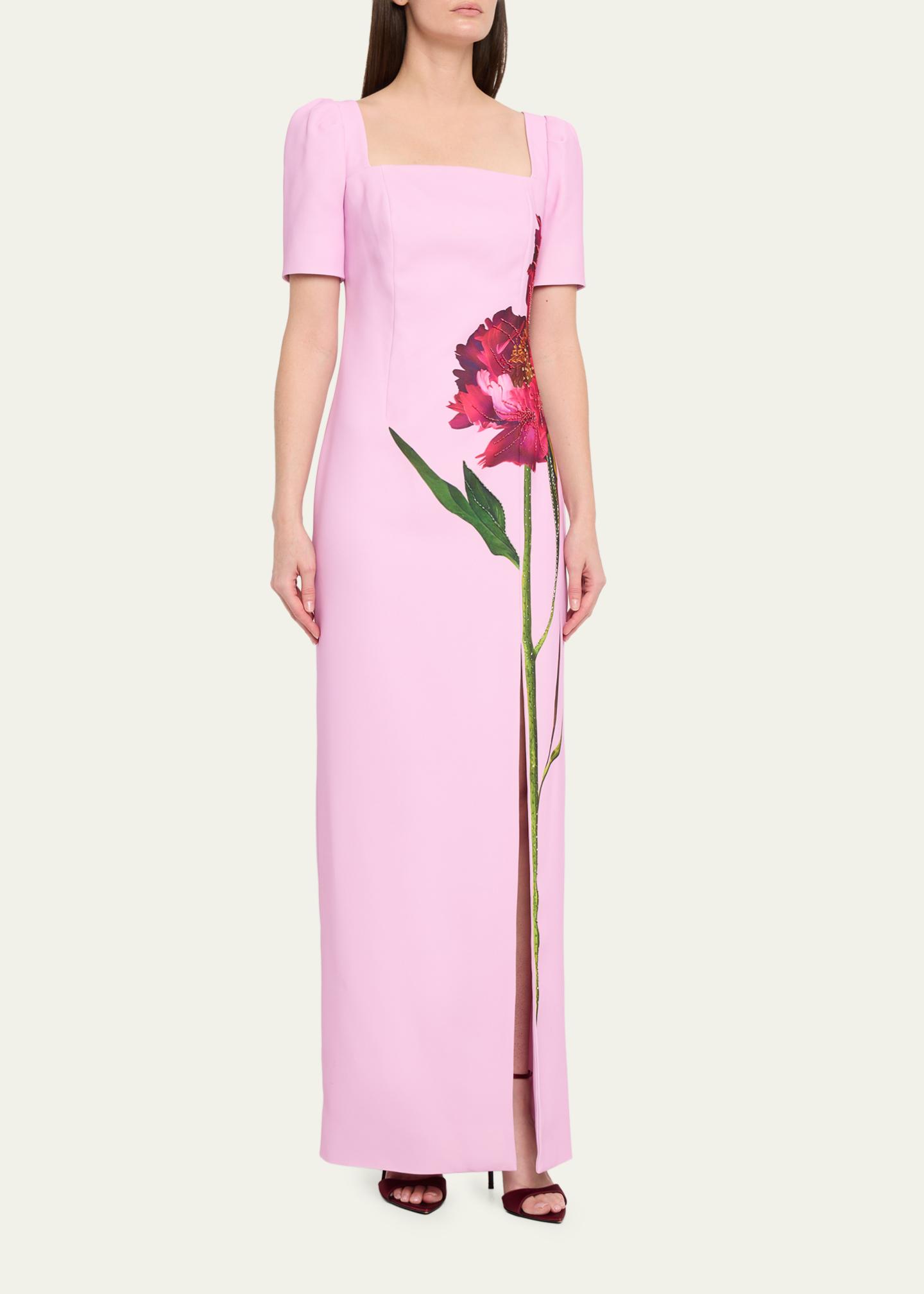 Rickie Freeman for Teri Jon Beaded Floral-Print Crepe Column Gown ...