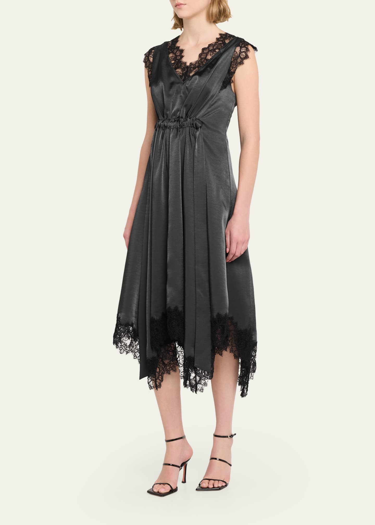 phillip lim lace dress V-Neck Midi Dress with Lace Trim - SLATE