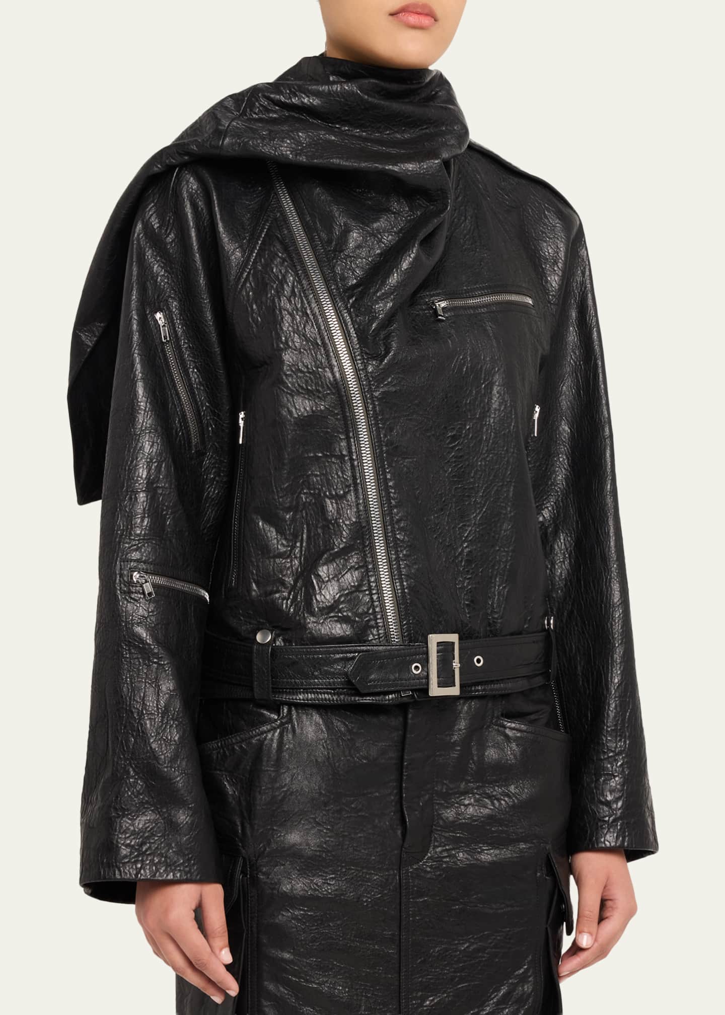 Rick Owens Leather Cropped Scarf Moto Jacket - Bergdorf Goodman