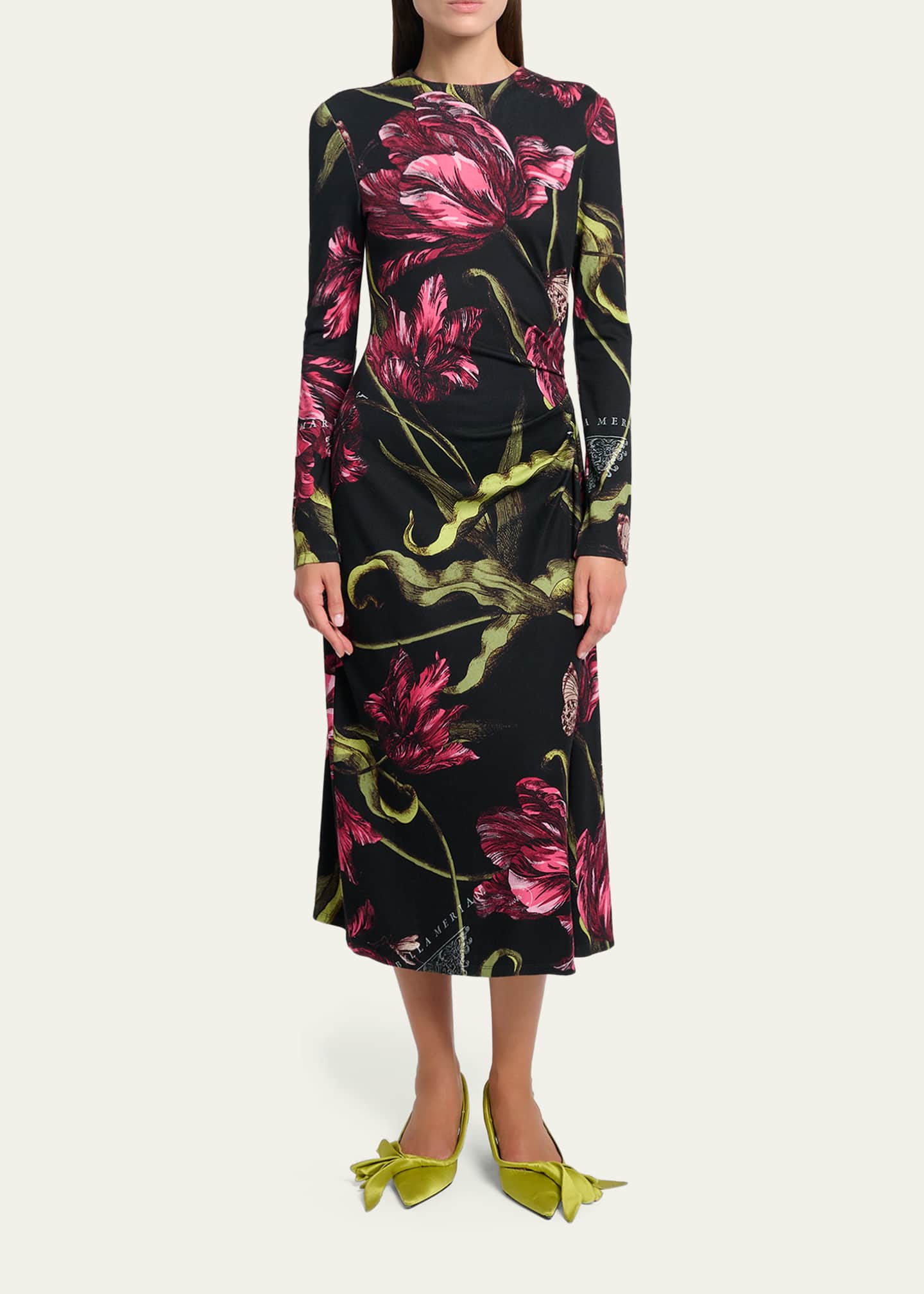 erdem draped midi dress Erdem Floral Long-Sleeve Draped Midi Dress
