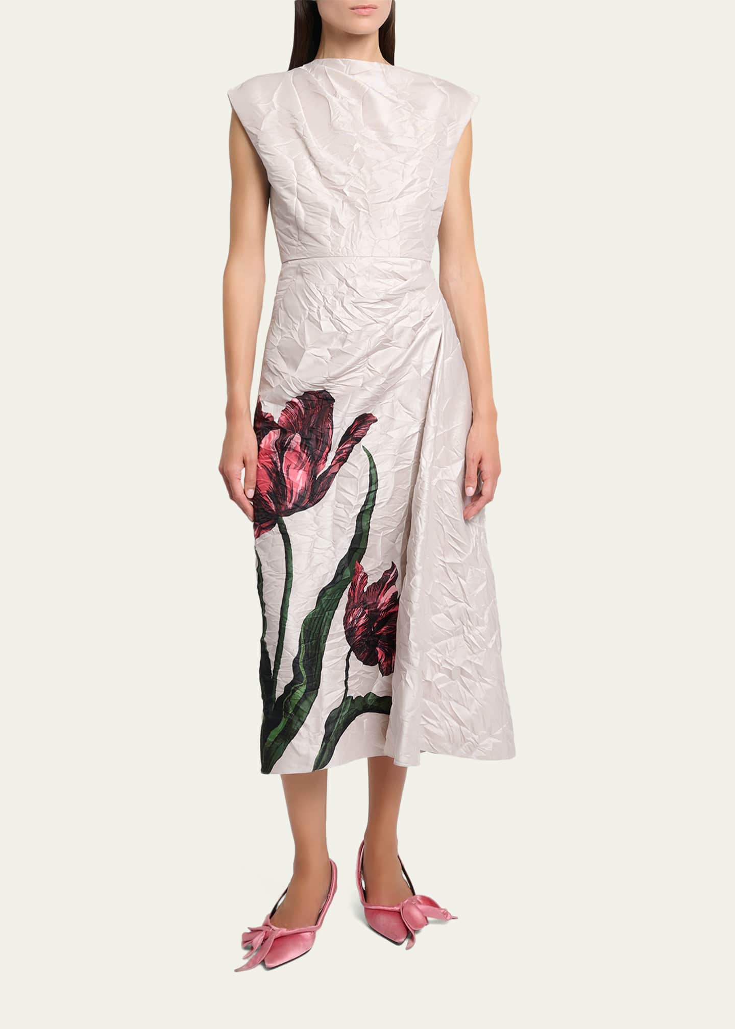 crinkle silk midi dress Warehouse Women's Placement Print Crinkle Satin Ruched Midi Dress in Lime Yellow