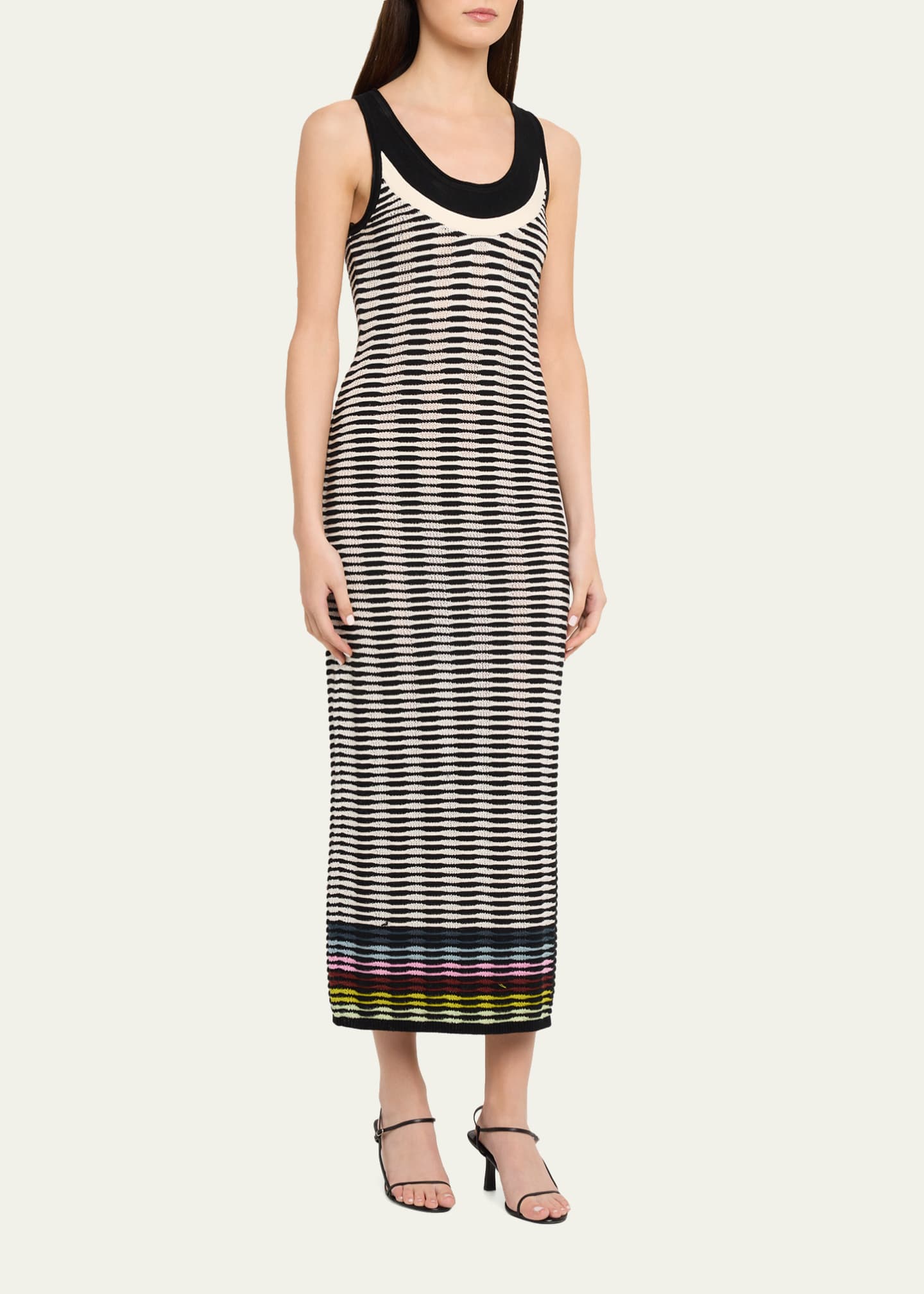 christopher john rogers hole punch multicolor knit maxi dress Christopher John Rogers Ruffled Striped Stretch-Knit Halterneck Maxi Dress  in Green