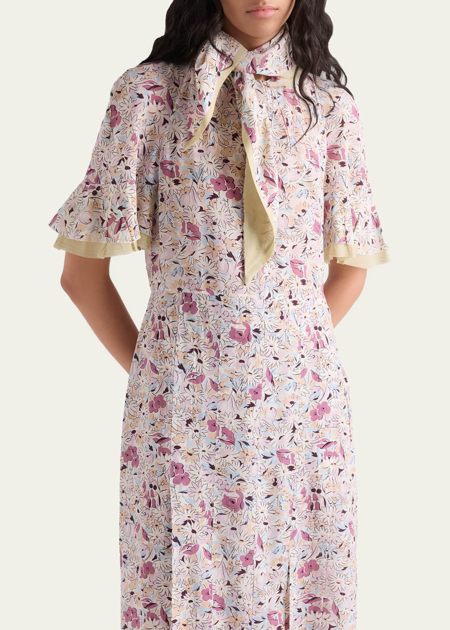 Prada Floral Silk Scarf-Neck Midi Dress - Bergdorf Goodman