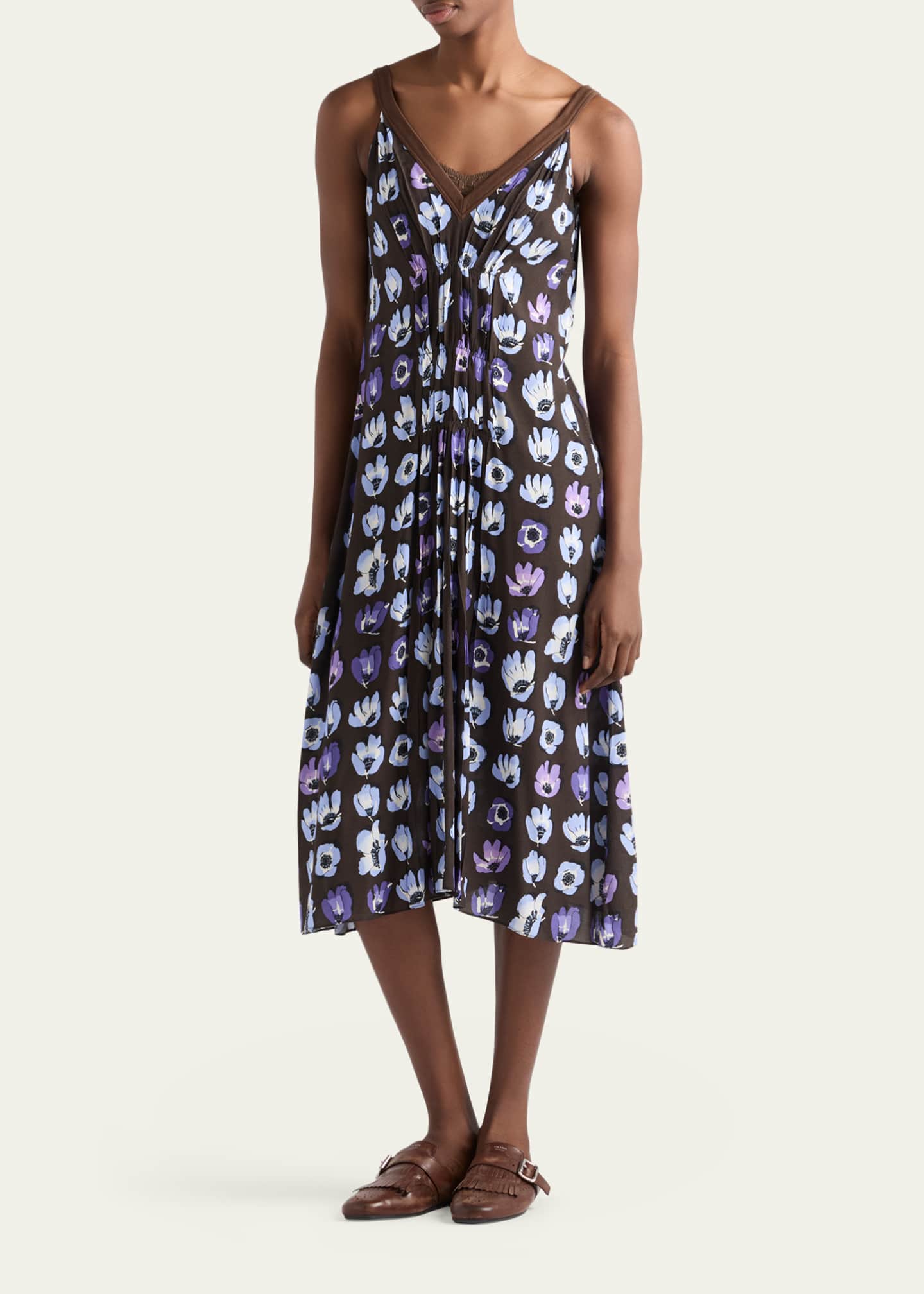 Prada Floral-Print Gathered Sleeveless Midi Dress - Bergdorf Goodman