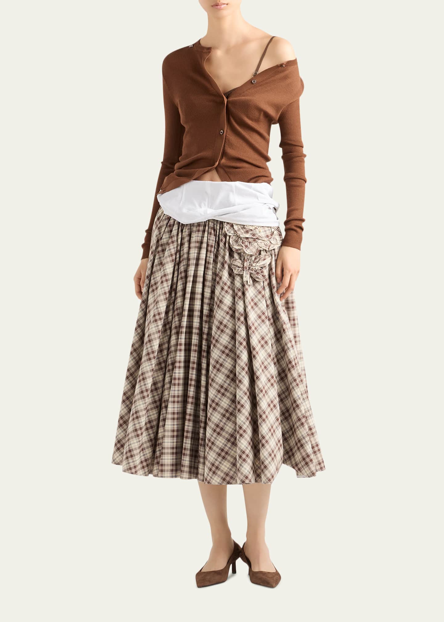 Prada Embroidered Check Cotton Poplin Midi Dress - Bergdorf Goodman