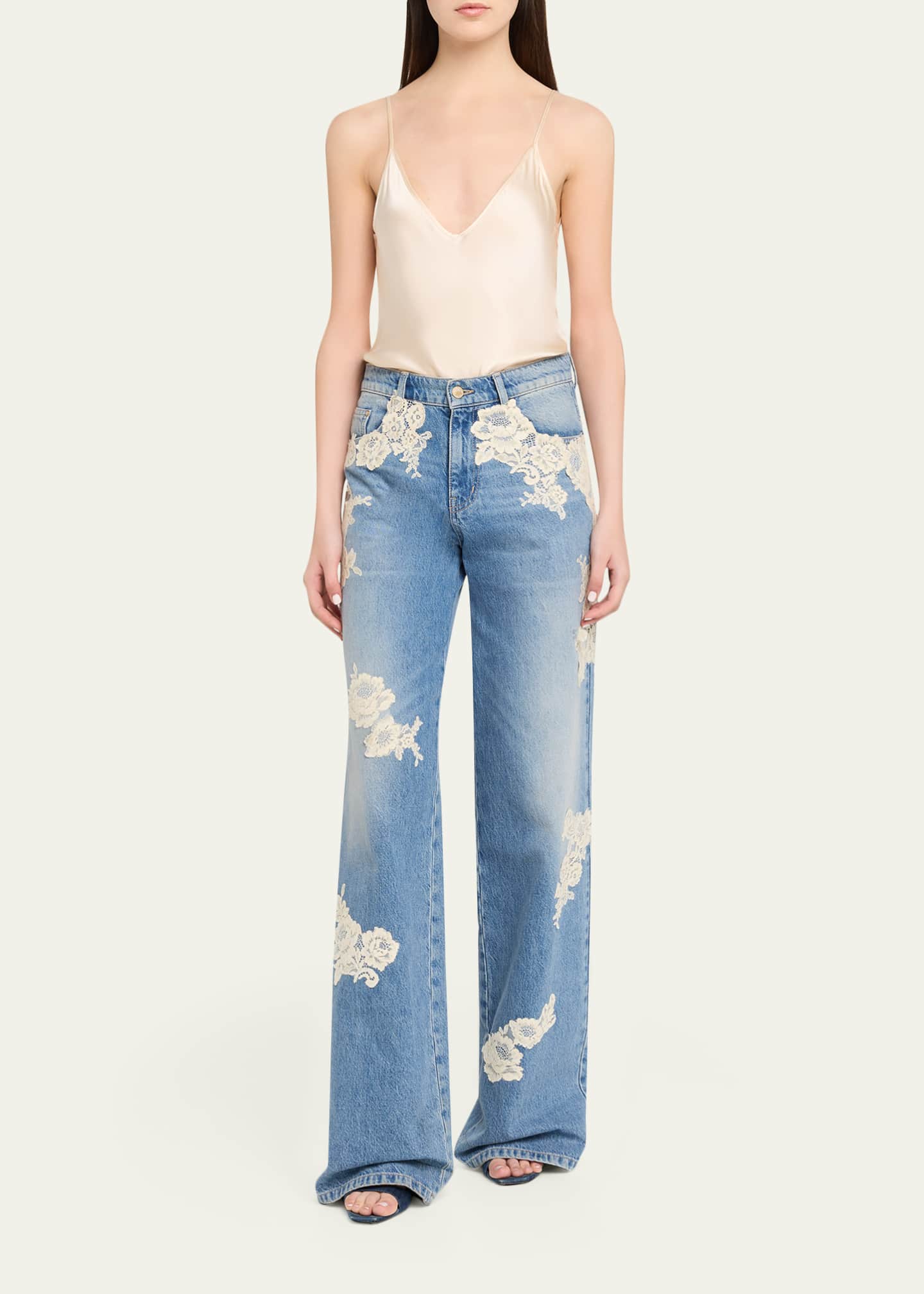 Belle Charme　Side Lace-up Flare Denim LoveShackFancy Bambie Lace Applique Jeans - Bergdorf Goodman