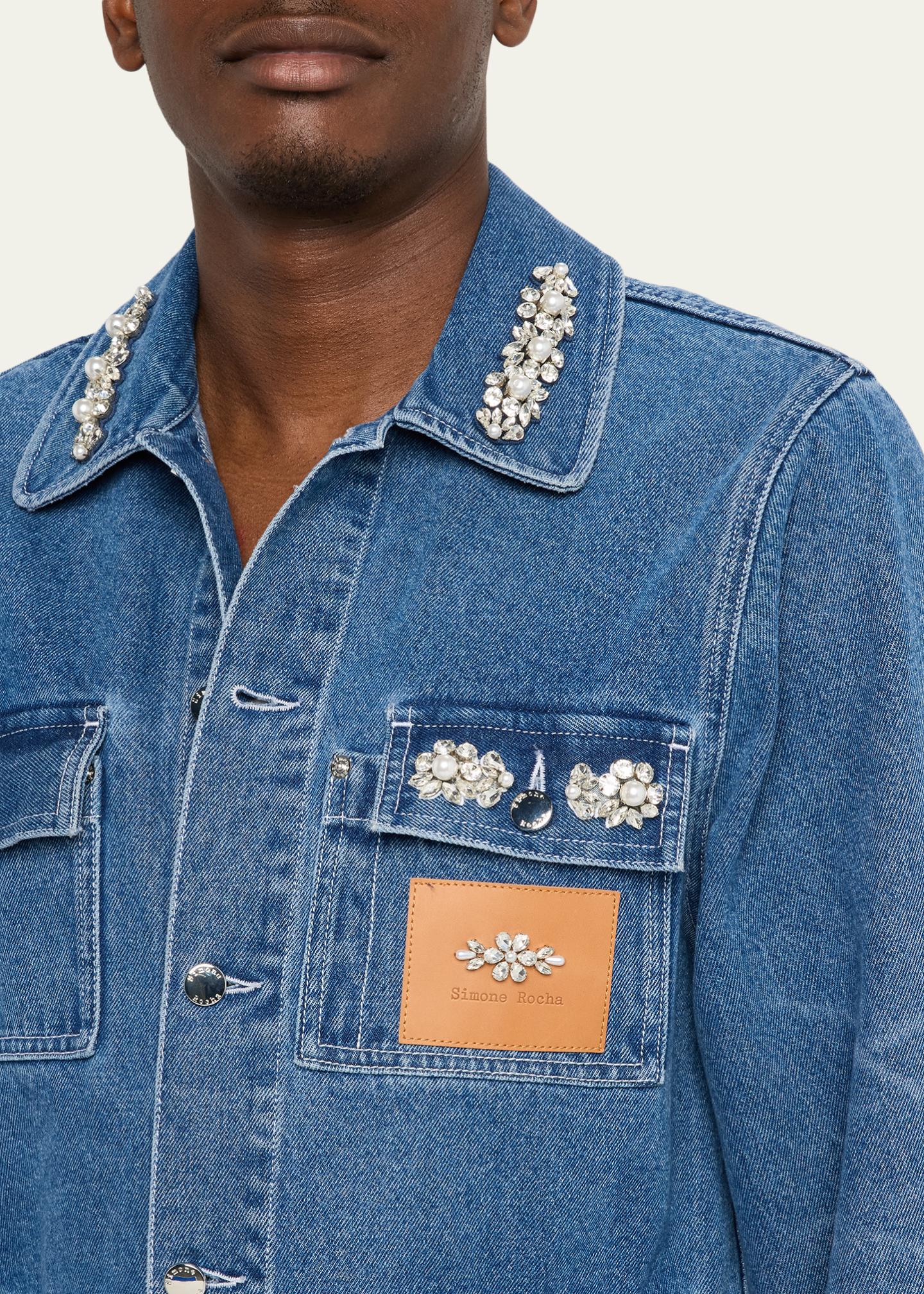 Simone Rocha Men's Embellished Washed Denim Jacket - Bergdorf Goodman