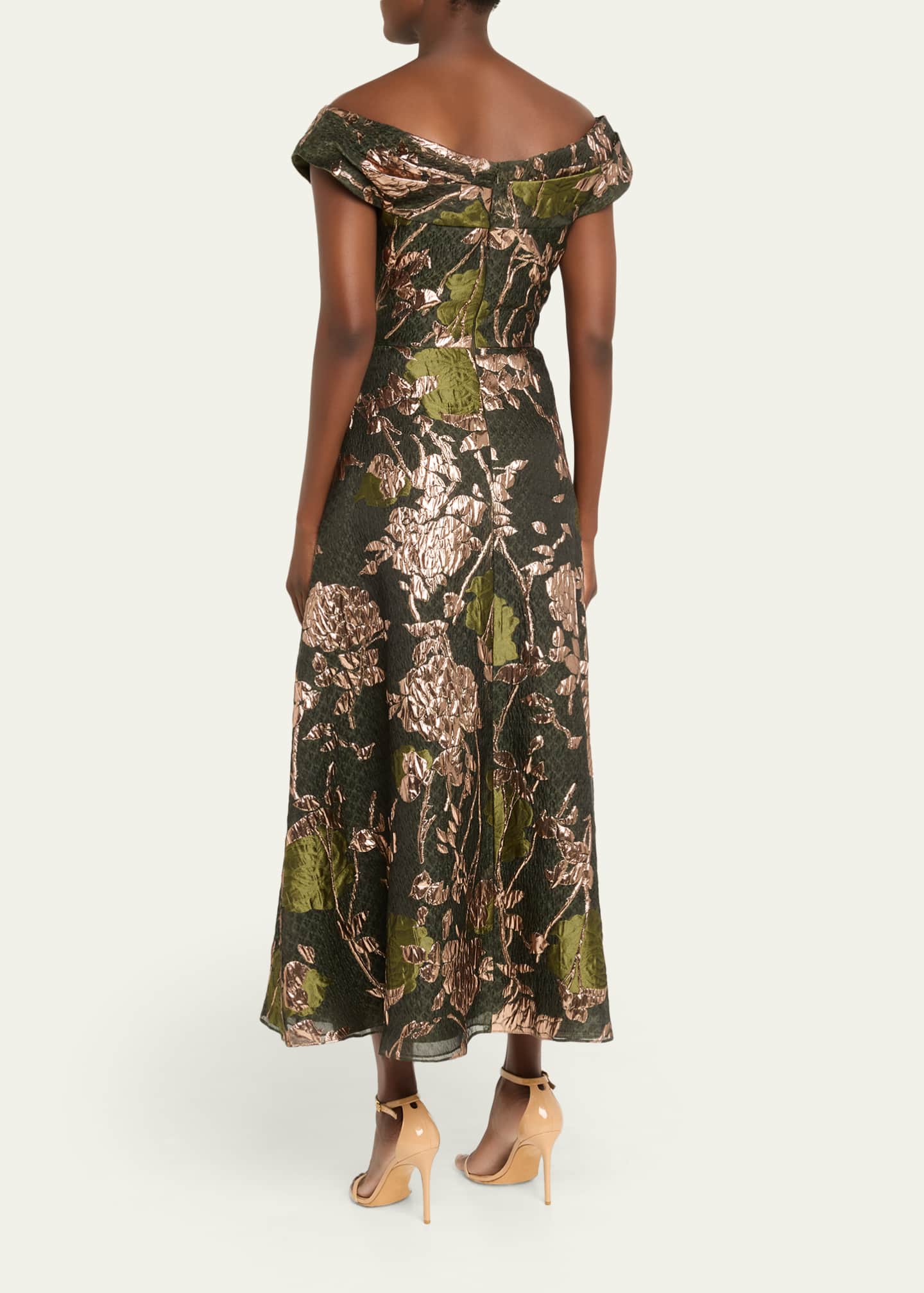 lela rose metallic dress Lela Rose Women's Floral Draped Metallic Fil Coupé Fit & Flare Dress - Green