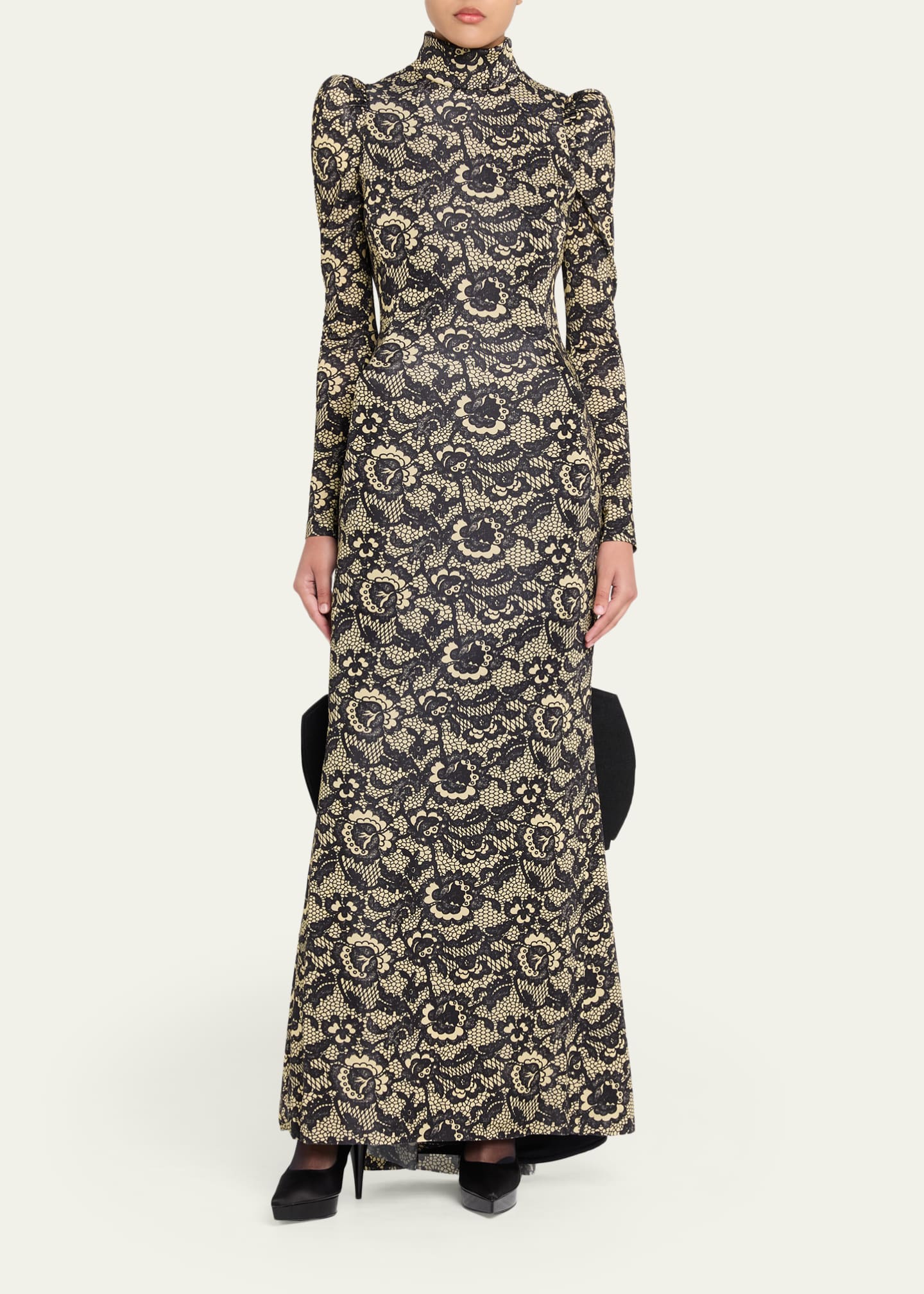 marc jacobs lace dress Marc Jacobs Runway Lace-Print Sculptural Long-Sleeve Bow Trumpet Gown, Black, Women's, 4, Long-Sleeve Gowns