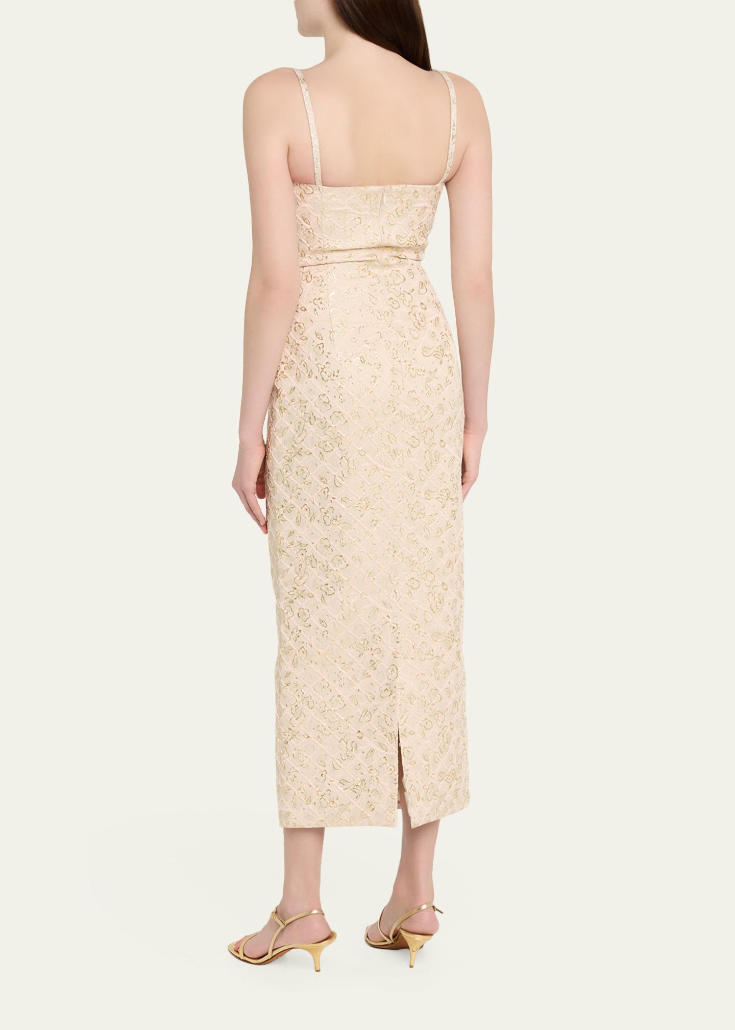 prabal gurung gold dress Metallic Floral Jacquard Square-Neck Sleeveless Midi Dress, Ecru/Gold, Women's, 8, Sleeveless Dresses high fashion women