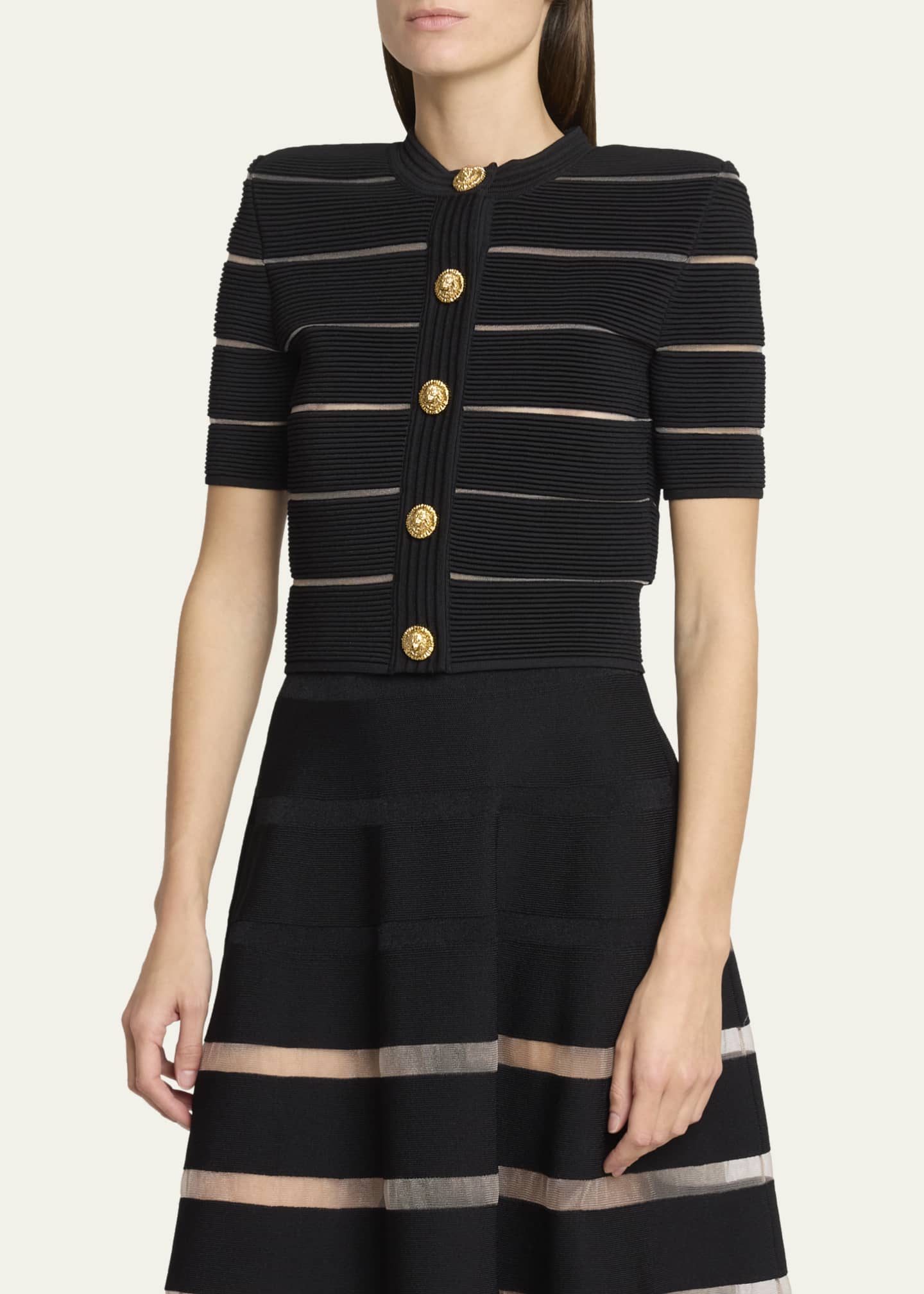 Balmain Metallic Striped Strong-Shoulder Crop Cardigan - Bergdorf