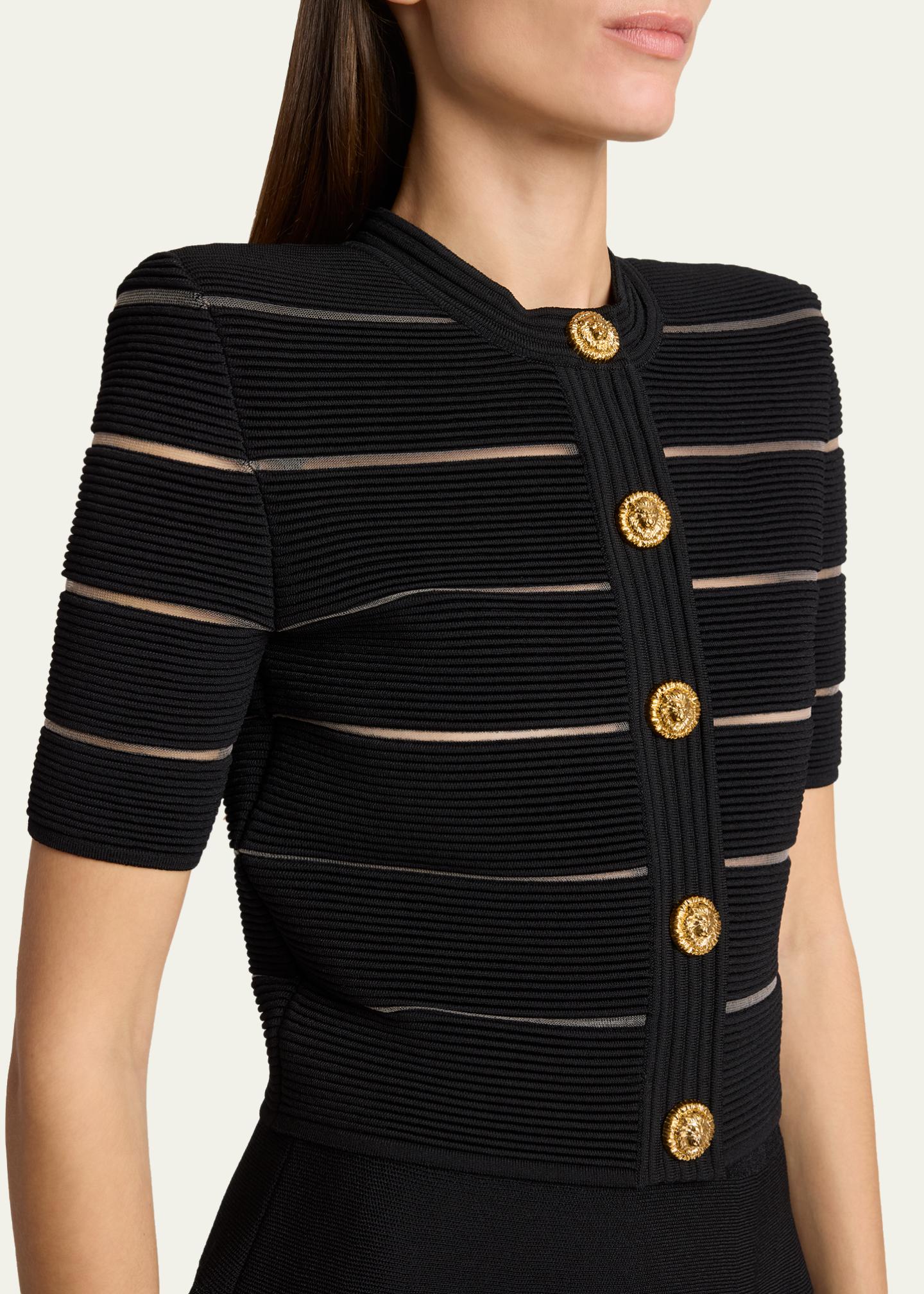 Balmain Metallic Striped Strong-Shoulder Crop Cardigan - Bergdorf