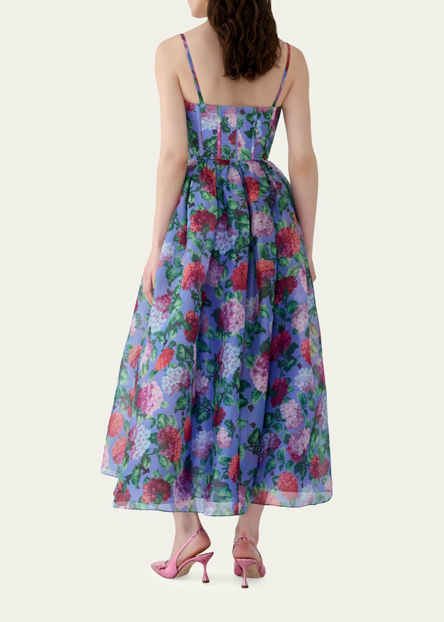 Carolina Herrera Hydrangea-Print Silk Organza Fit-and-Flare Midi