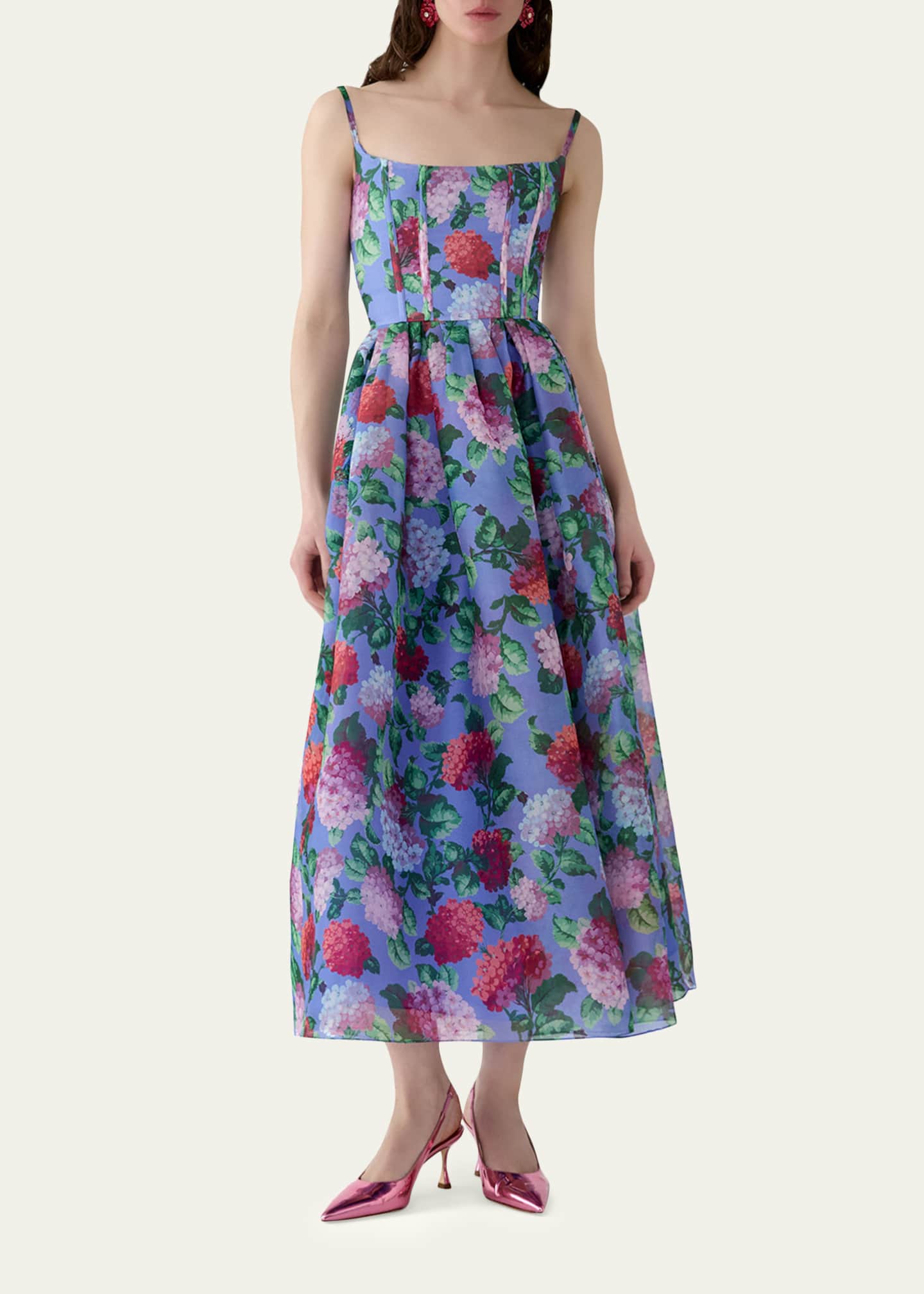 Carolina Herrera Hydrangea-Print Silk Organza Fit-and-Flare Midi