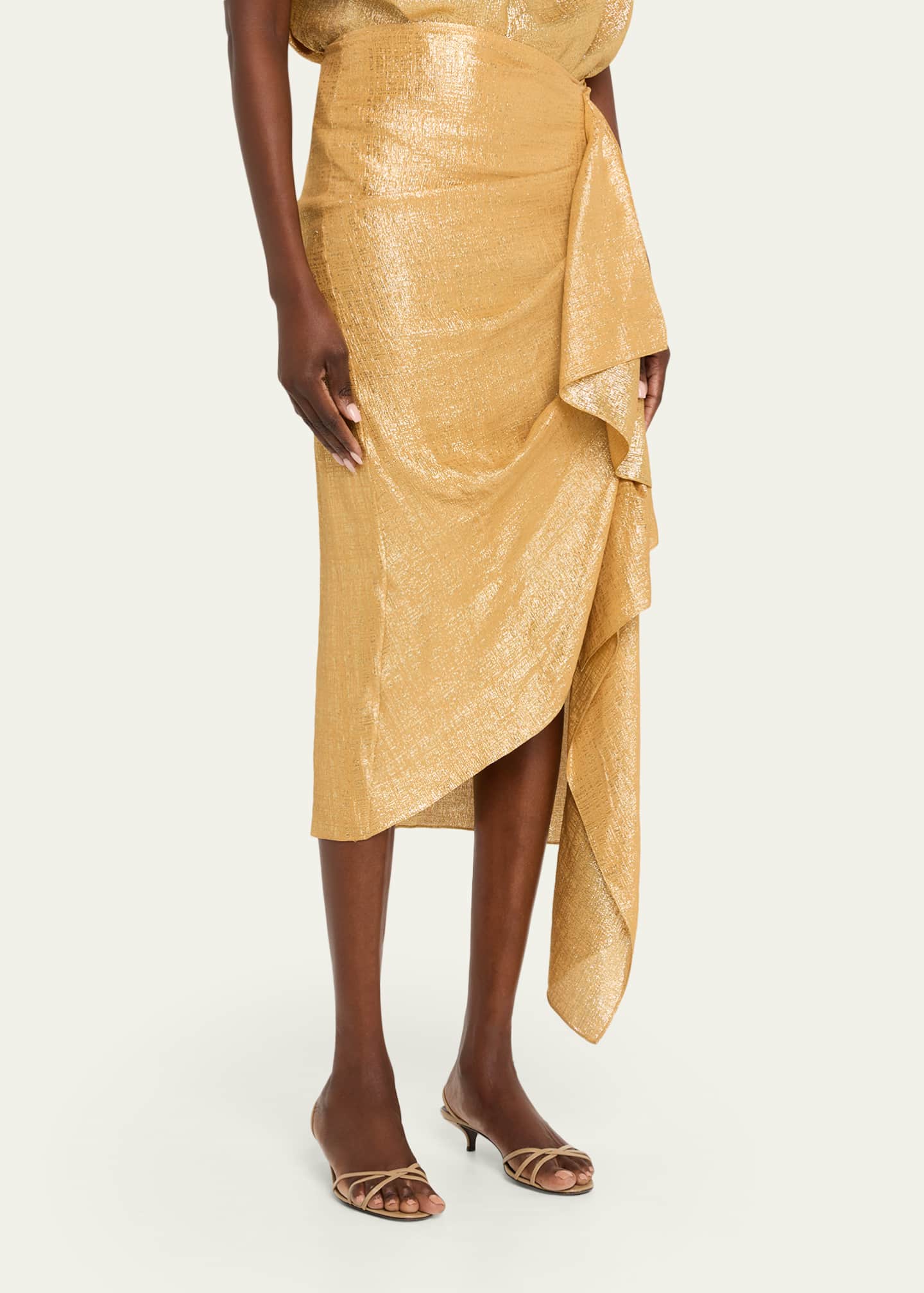 Michael Kors Collection Draped Metallic Lame Midi Skirt, Cashew/Gold, Women's, 2, Skirts Midi Skirts