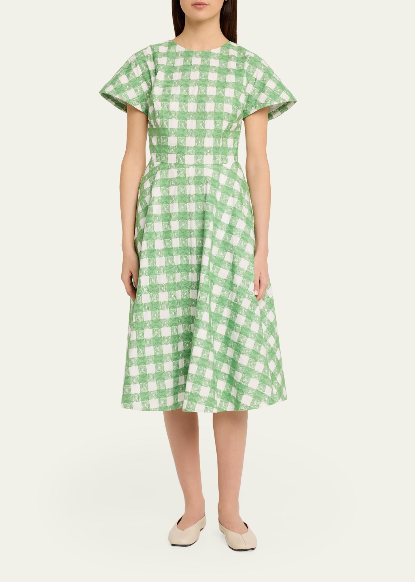 rosie assoulin green dress Buttercup Gingham Short-Sleeve Midi fashion presentation mini dress