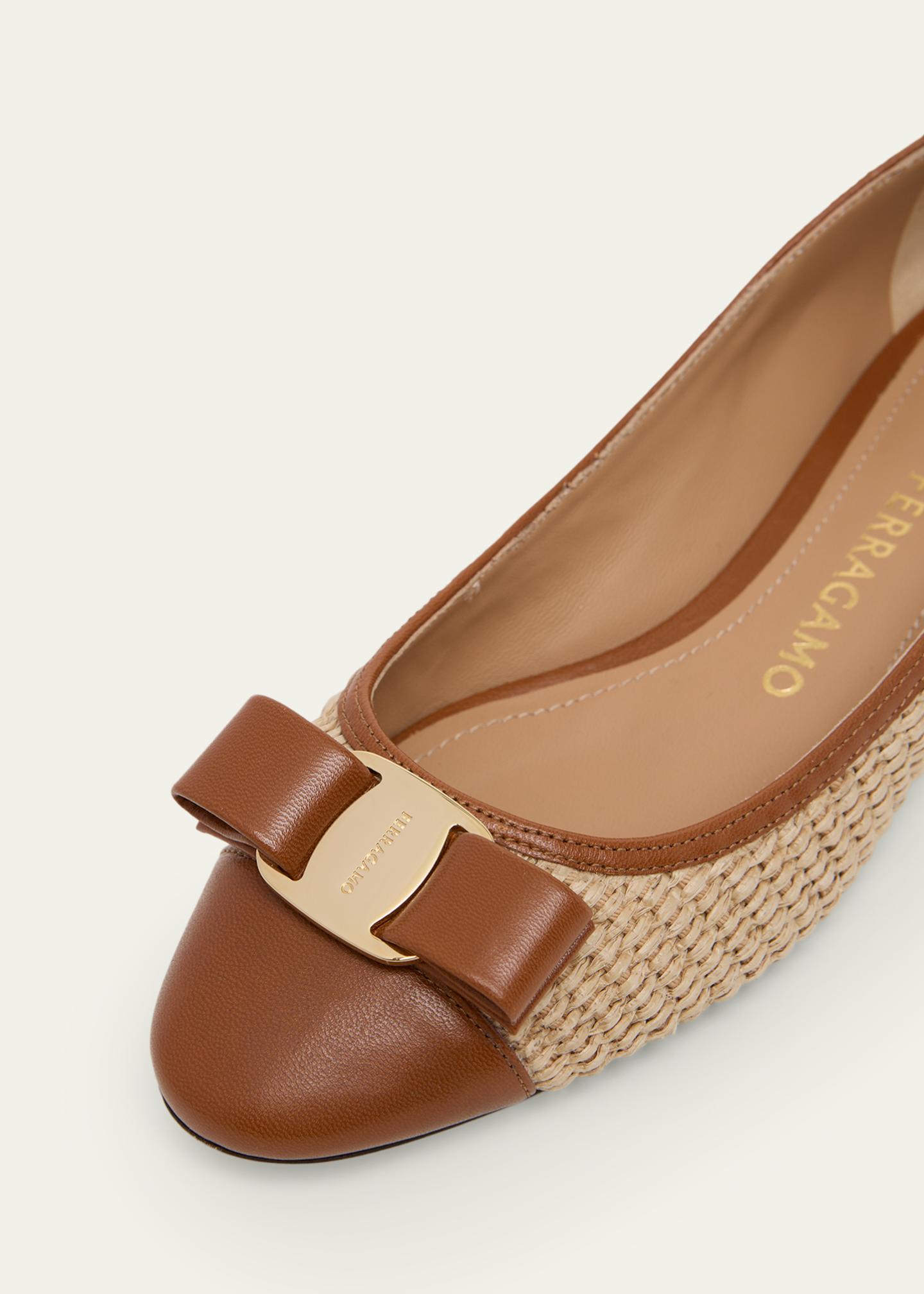 FERRAGAMO Varina Raffia and Leather Ballerina Flats - Bergdorf Goodman