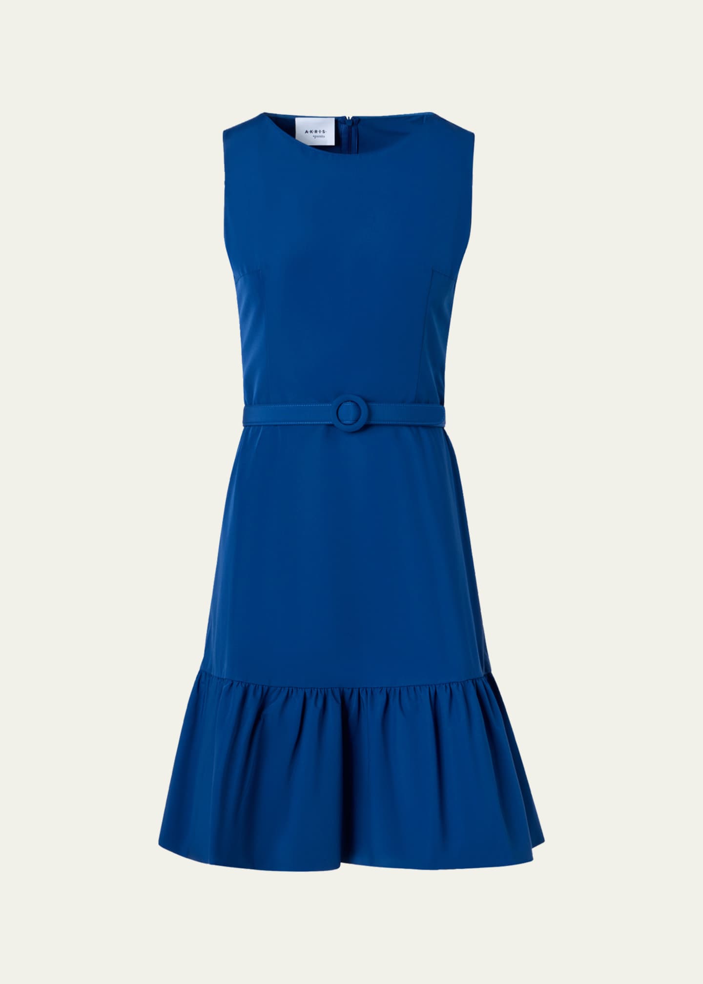 belted knee length dress Akris Punto Sleeveless Belted Ruffle Knee-Length Dress, Blue, Women's, 12, Cocktail & Party Wedding Guest Dresses Sleeveless Dresses