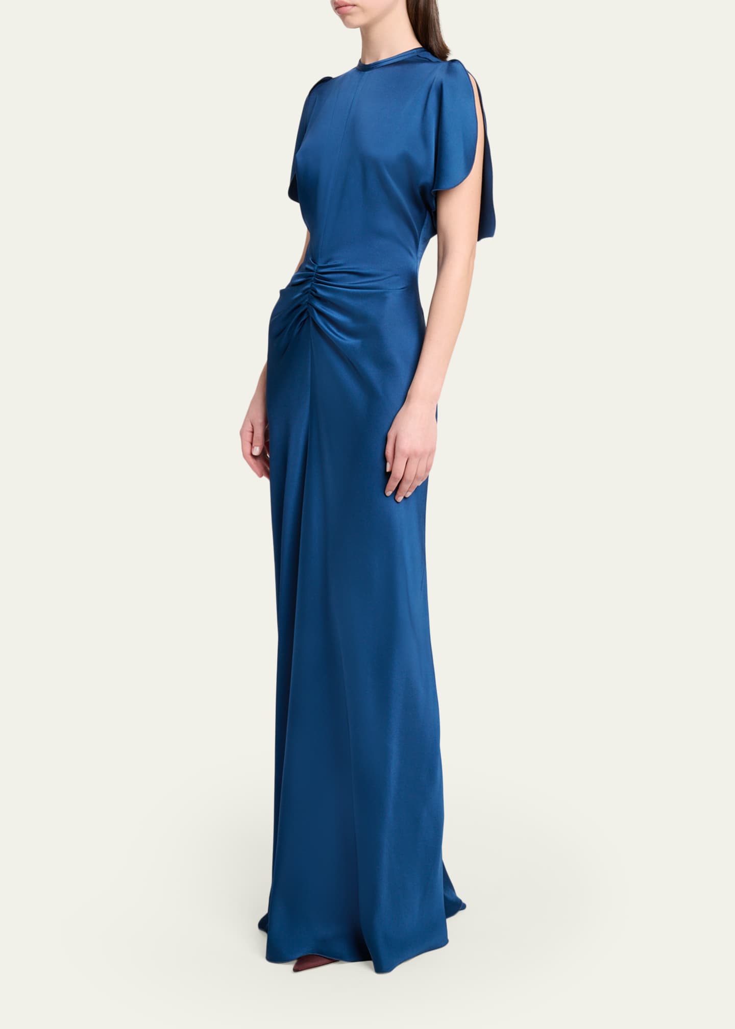 victoria beckham blue silk dress Gathered satin midi dress in blue - Victoria Beckham