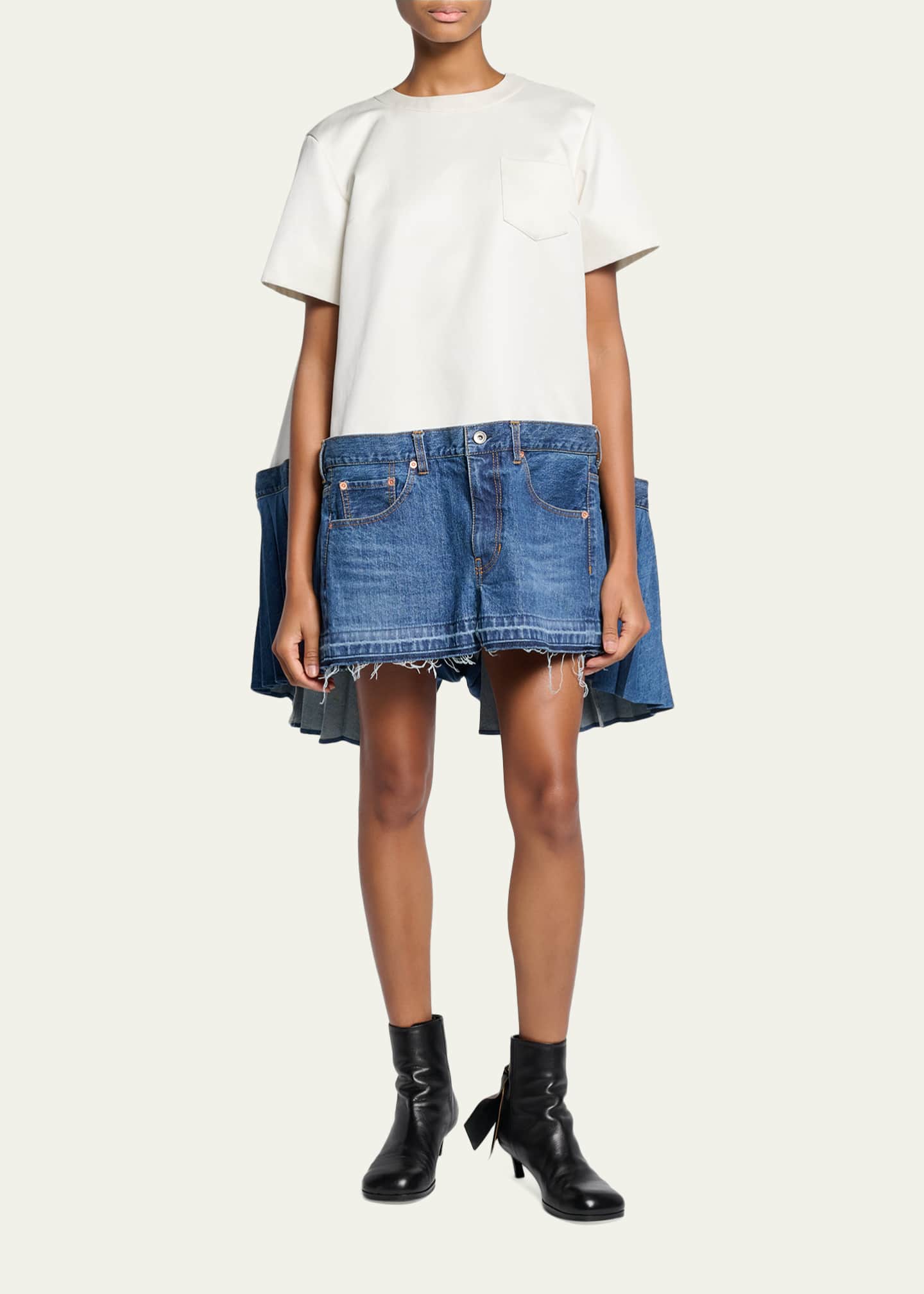 SACAI Mixed-Media Denim Mini T-Shirt Dress - Bergdorf Goodman