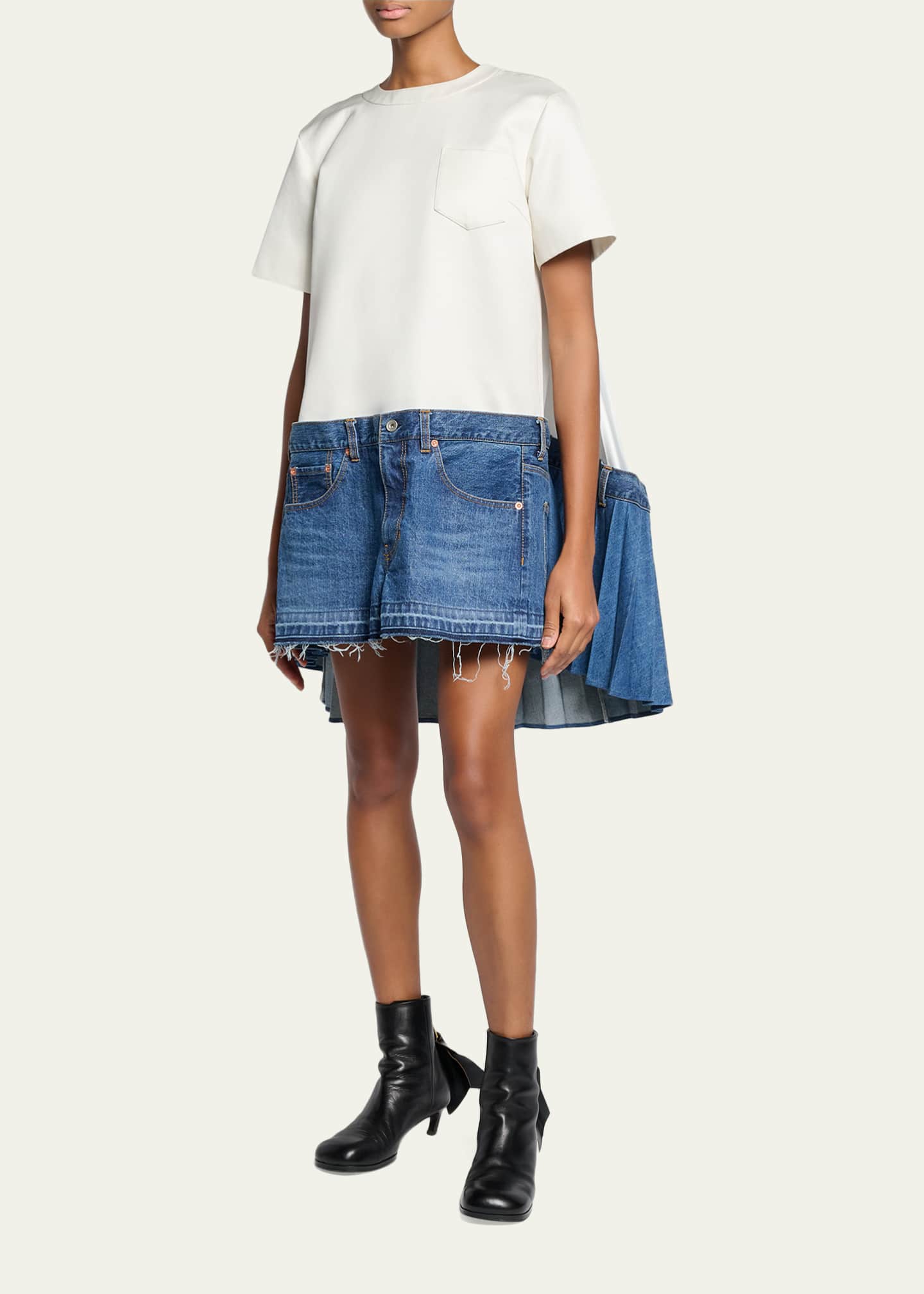 SACAI Mixed-Media Denim Mini T-Shirt Dress - Bergdorf Goodman