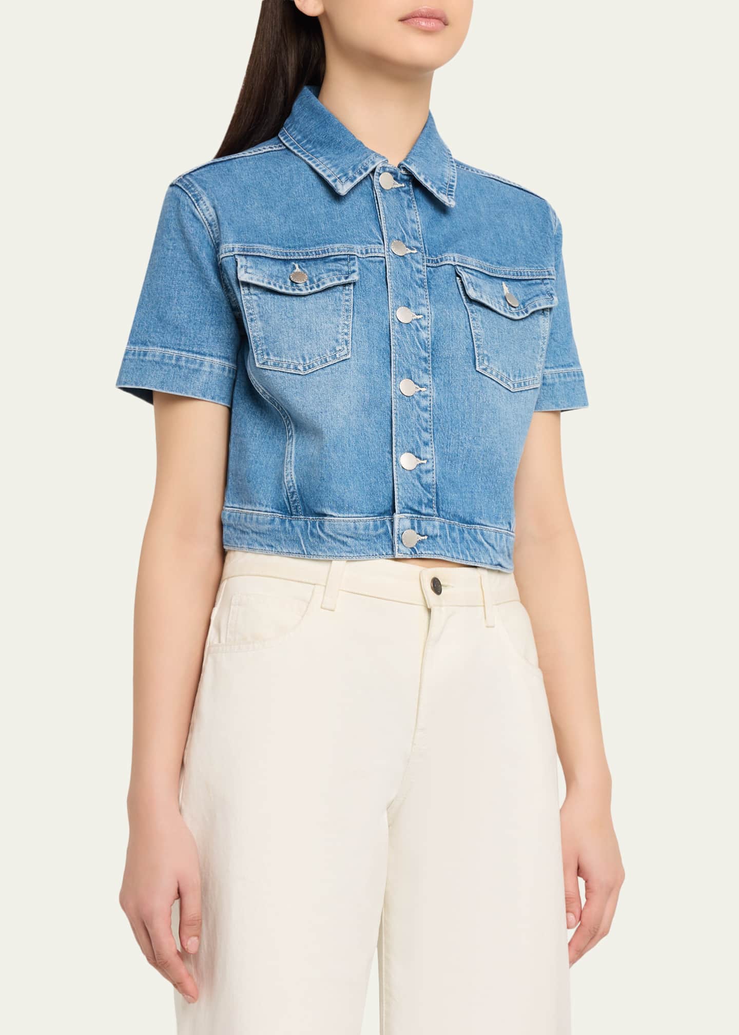 L'Agence Kirstie Cropped Short-Sleeve Denim Jacket - Bergdorf Goodman