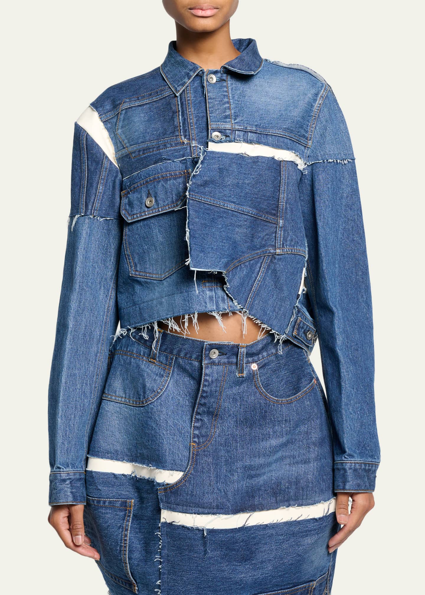 SACAI Reconstructed Crop Denim Jacket - Bergdorf Goodman