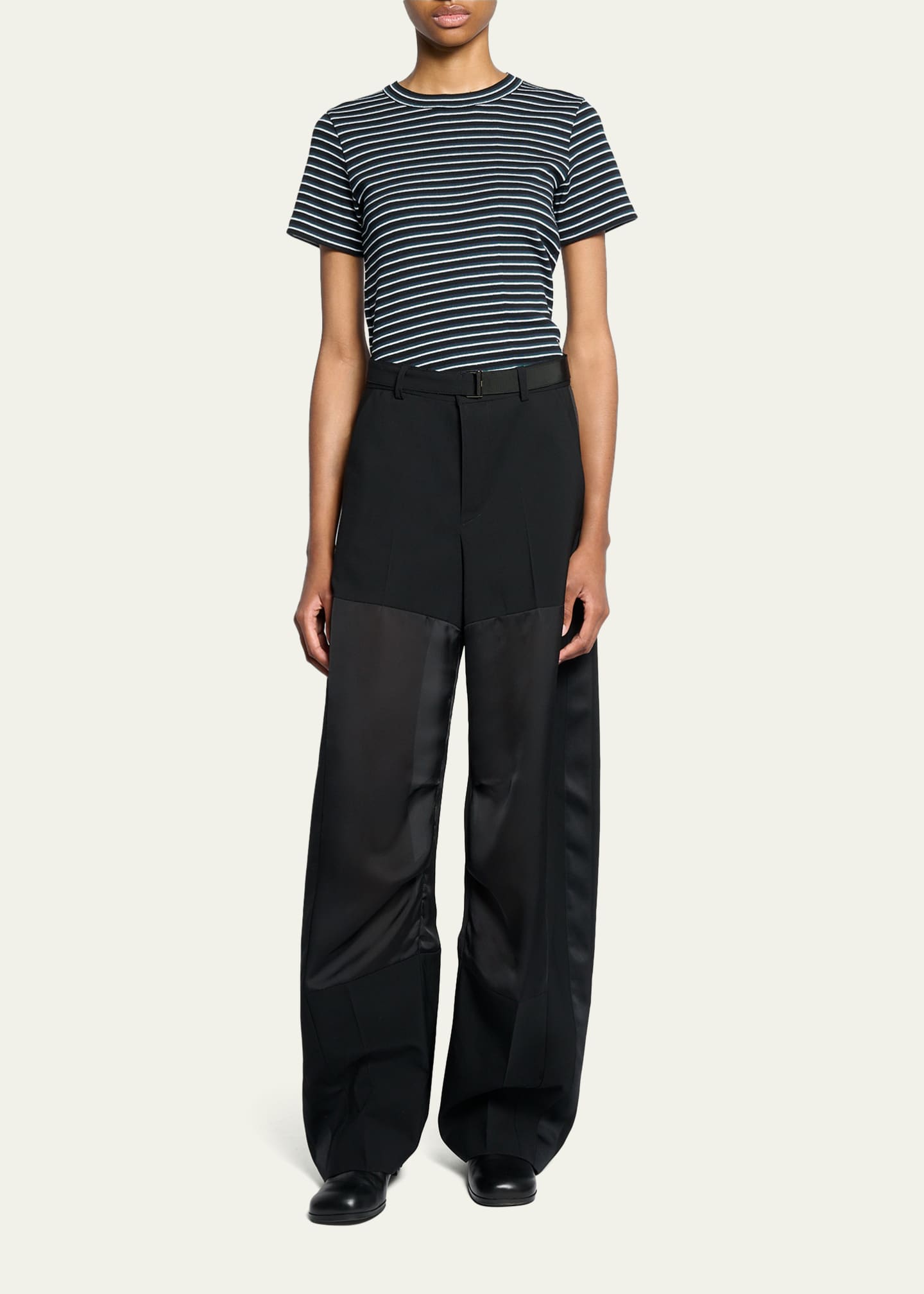 SACAI Patchwork Wool Wide-Leg Pants With Belt - Bergdorf Goodman