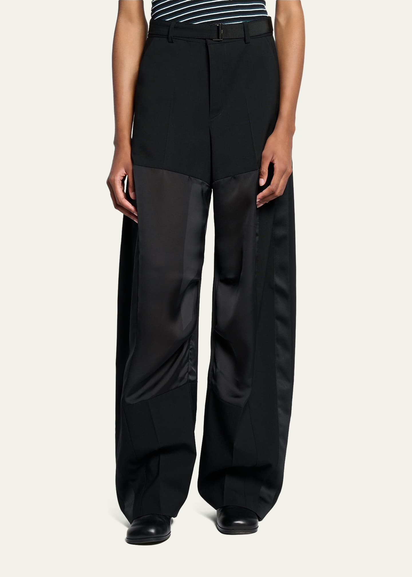 SACAI Patchwork Wool Wide-Leg Pants With Belt - Bergdorf Goodman