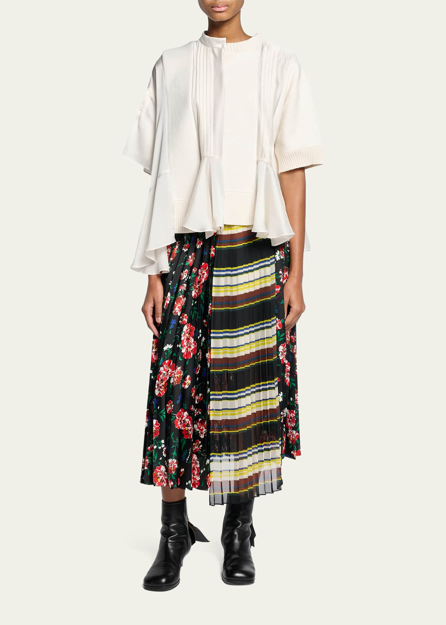 SACAI Mixed-Print Pleated Midi Skirt - Bergdorf Goodman