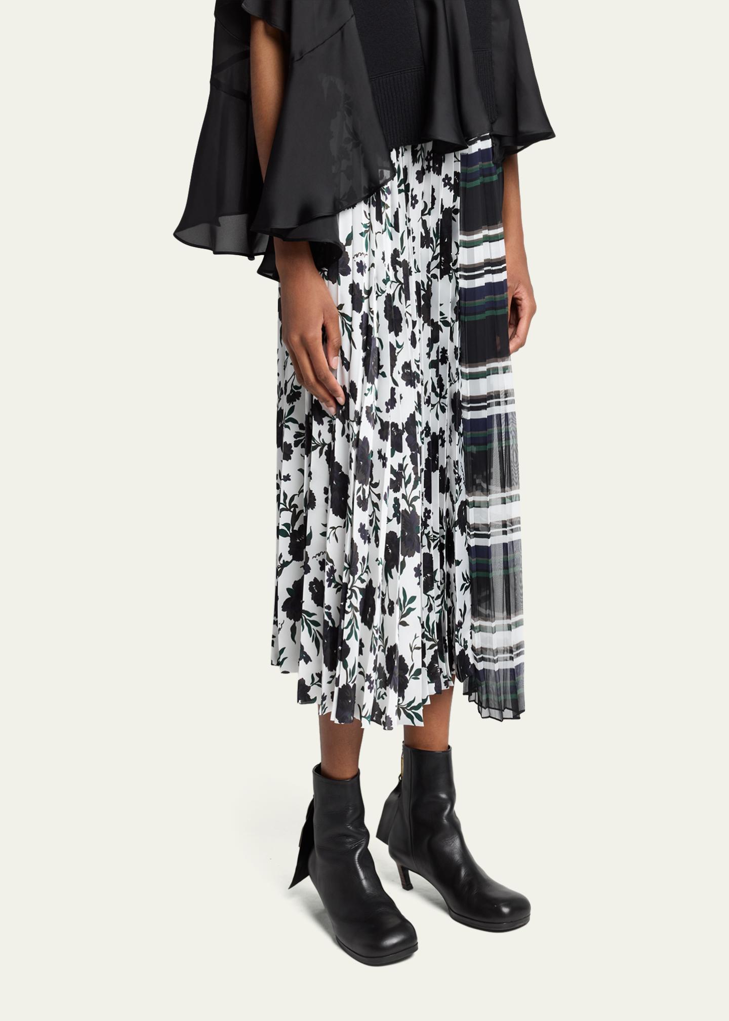 sacai Mixed-Print Pleated Midi Skirt - Bergdorf Goodman