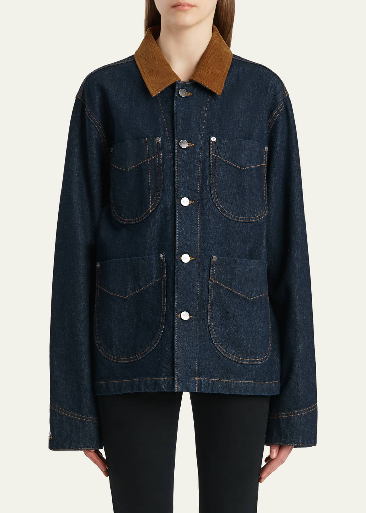 Khaite Wyatt Corduroy-Collar Denim Jacket - Bergdorf Goodman