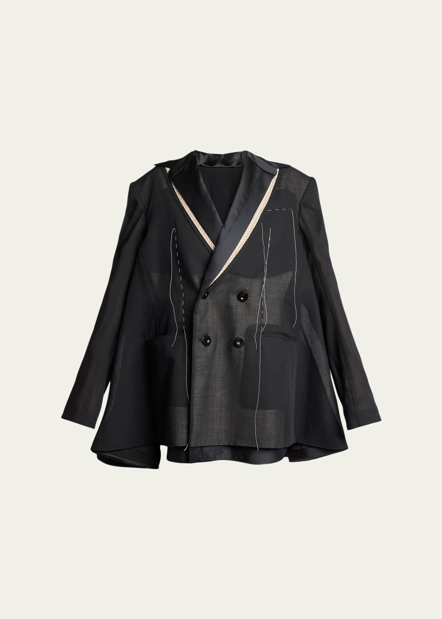 sacai フード付きダブルブレストジャケット 黒 SACAI Deconstructed Wool Organza Double-Breasted Jacket - Bergdorf