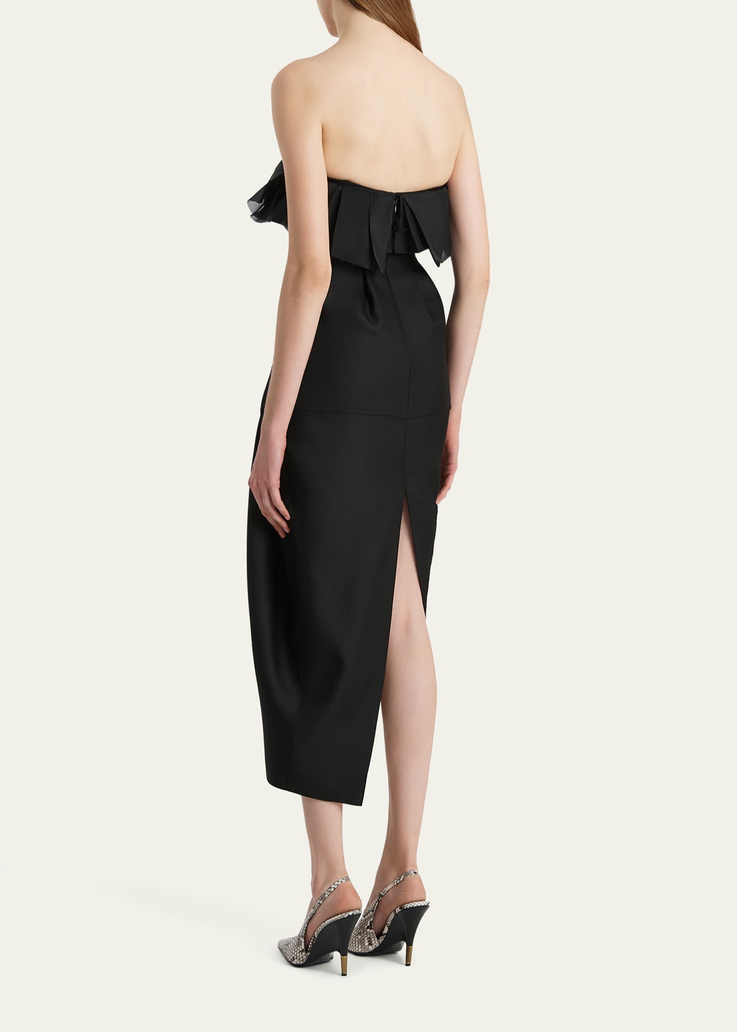 khaite cocktail dress Khaite Claude Pleated Ruffle Strapless Midi Dress