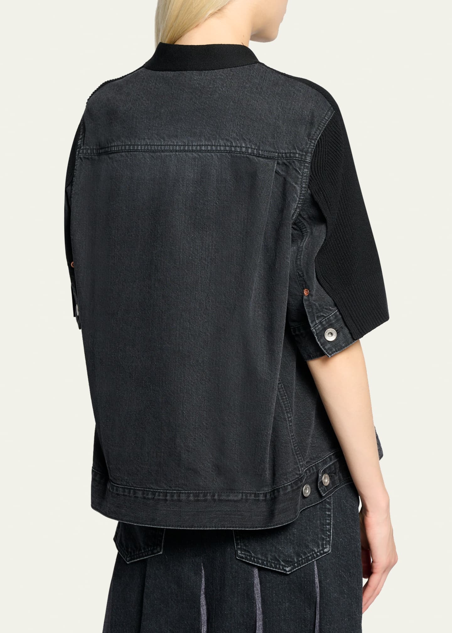 SACAI Mixed-Media Denim Short-Sleeve V-Neck Cardigan - Bergdorf
