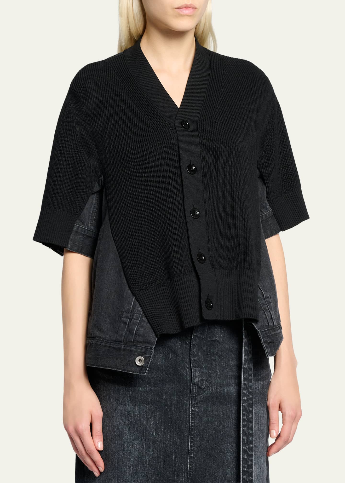 SACAI Mixed-Media Denim Short-Sleeve V-Neck Cardigan - Bergdorf