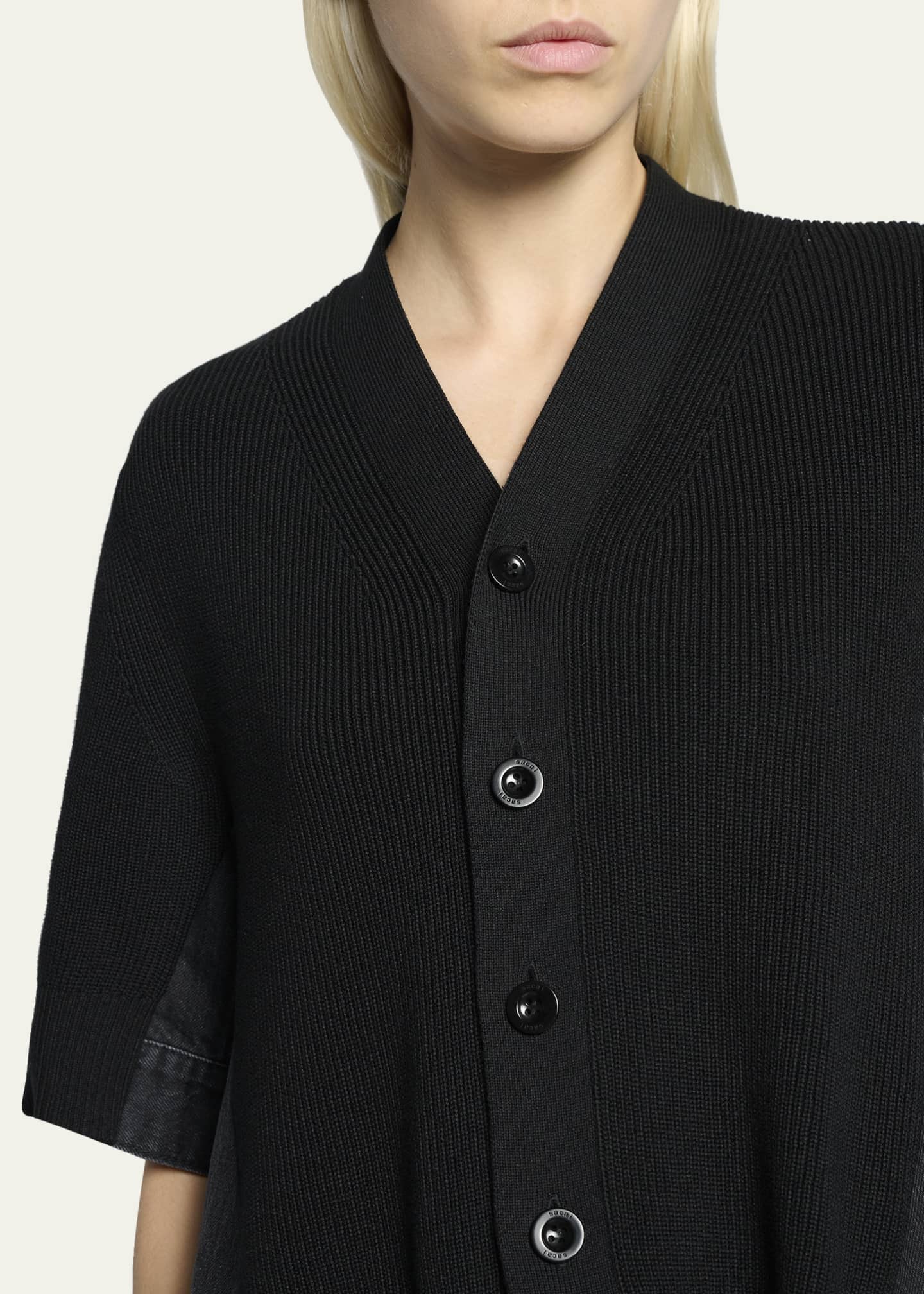 SACAI Mixed-Media Denim Short-Sleeve V-Neck Cardigan - Bergdorf