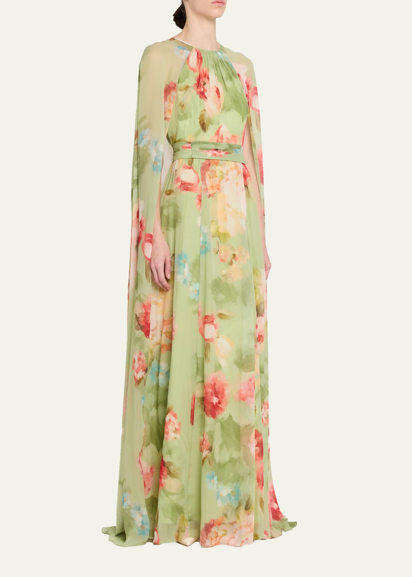 Rickie Freeman for Teri Jon Floral-Print Chiffon Cape Gown