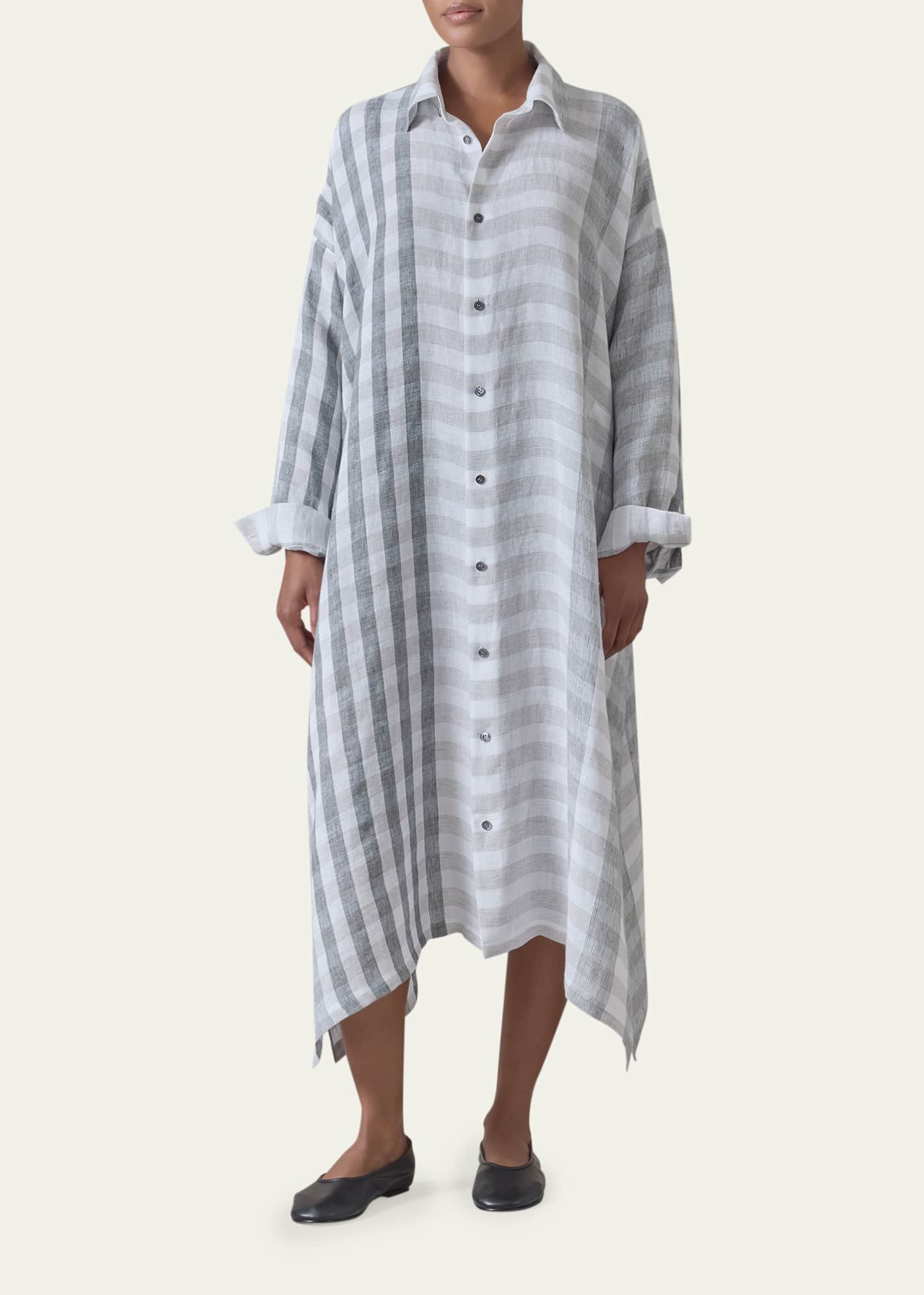 Eskandar Striped Linen Wide A-Line Shirt Dress With Collar, Petrol, Women's, 0, Casual & Work Dresses Shirtdresses Button-Down Shirt Dresses
