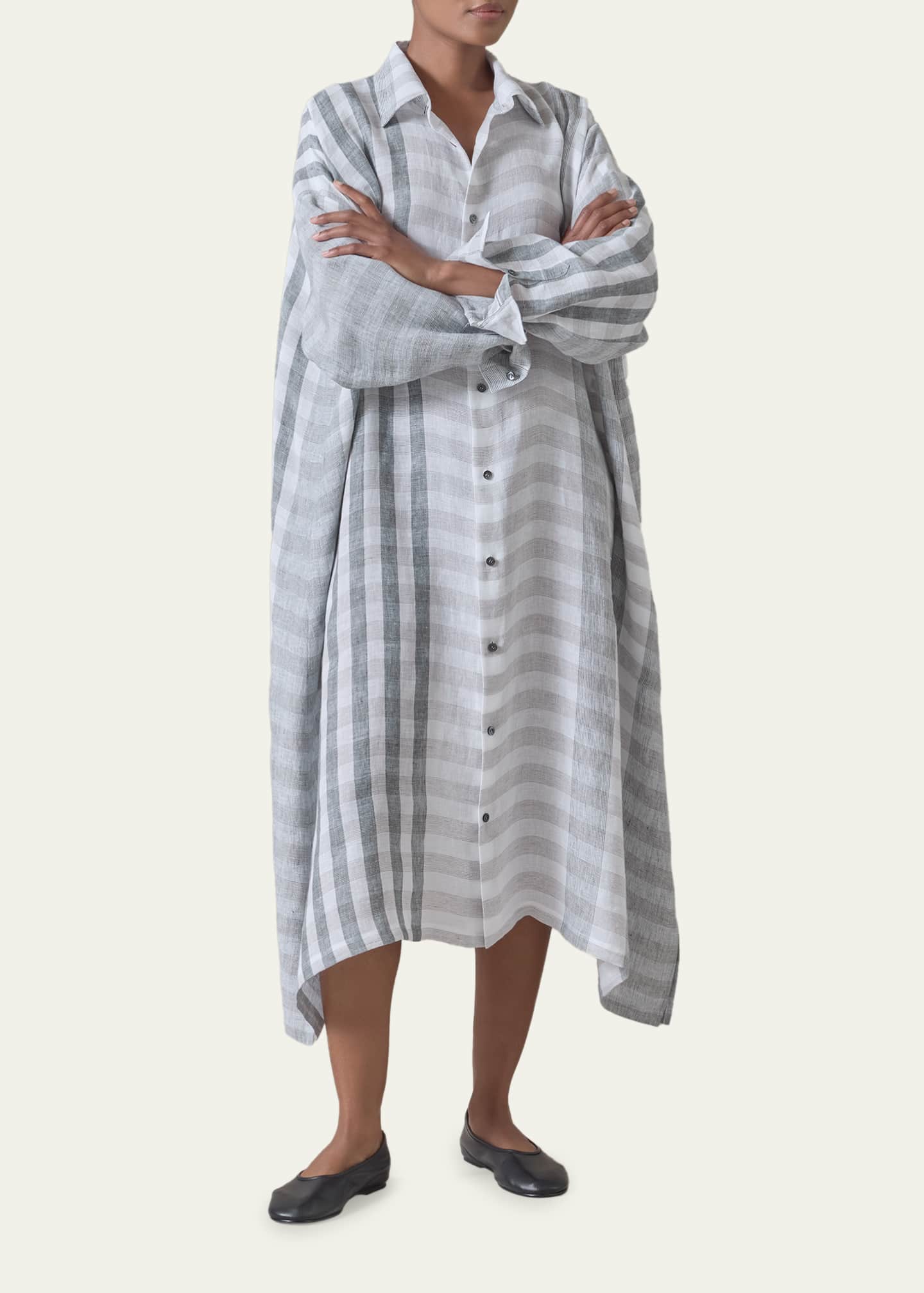 Eskandar Striped Linen Wide A-Line Shirt Dress With Collar, Petrol, Women's, 0, Casual & Work Dresses Shirtdresses Button-Down Shirt Dresses