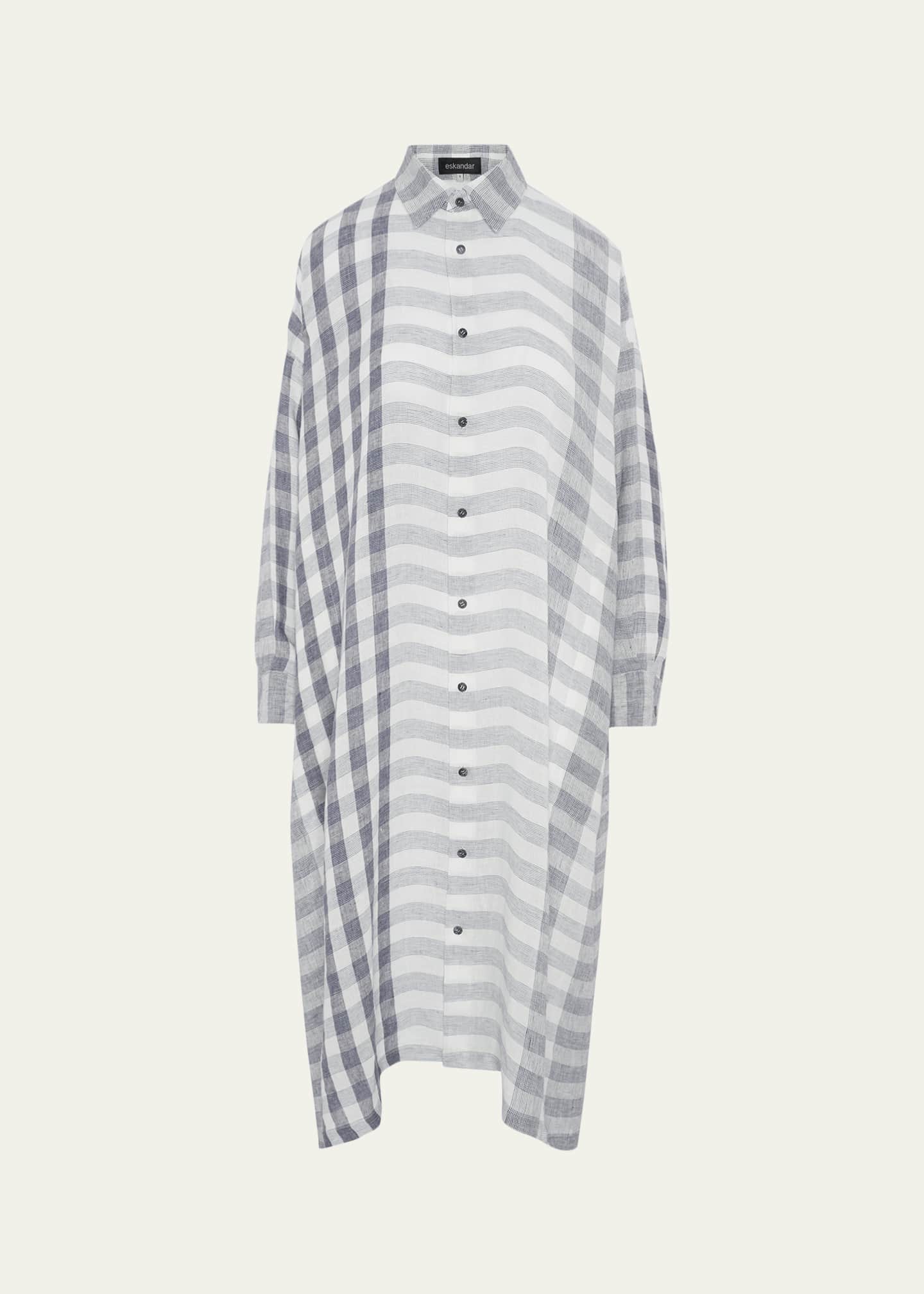 Eskandar Striped Linen Wide A-Line Shirt Dress With Collar, Petrol, Women's, 0, Casual & Work Dresses Shirtdresses Button-Down Shirt Dresses