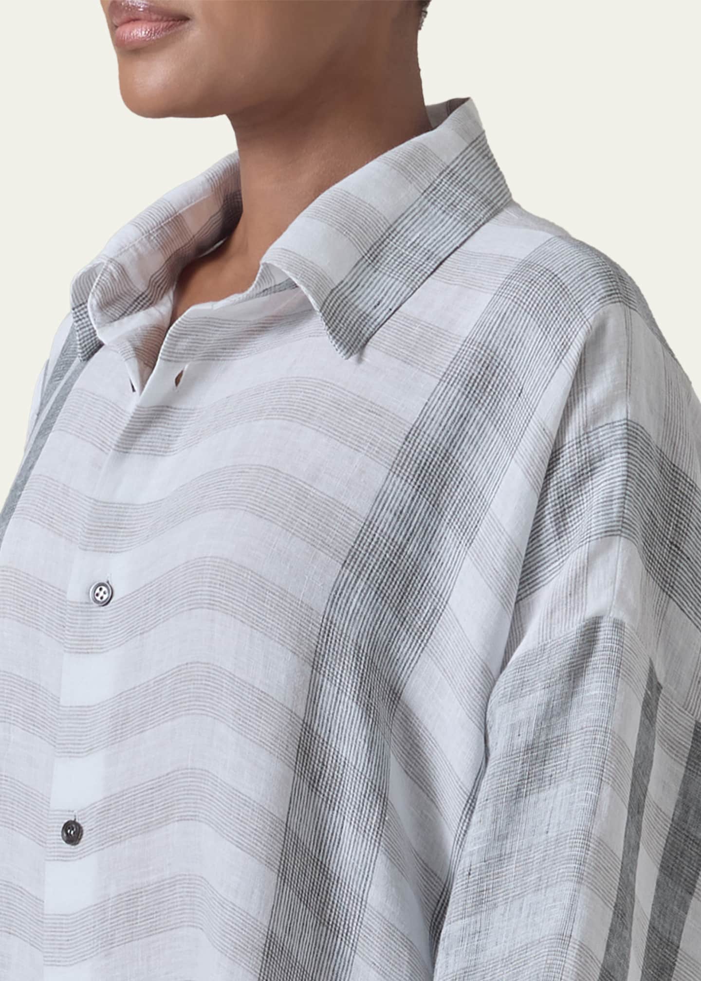 Eskandar Striped Linen Wide A-Line Shirt Dress With Collar, Petrol, Women's, 0, Casual & Work Dresses Shirtdresses Button-Down Shirt Dresses