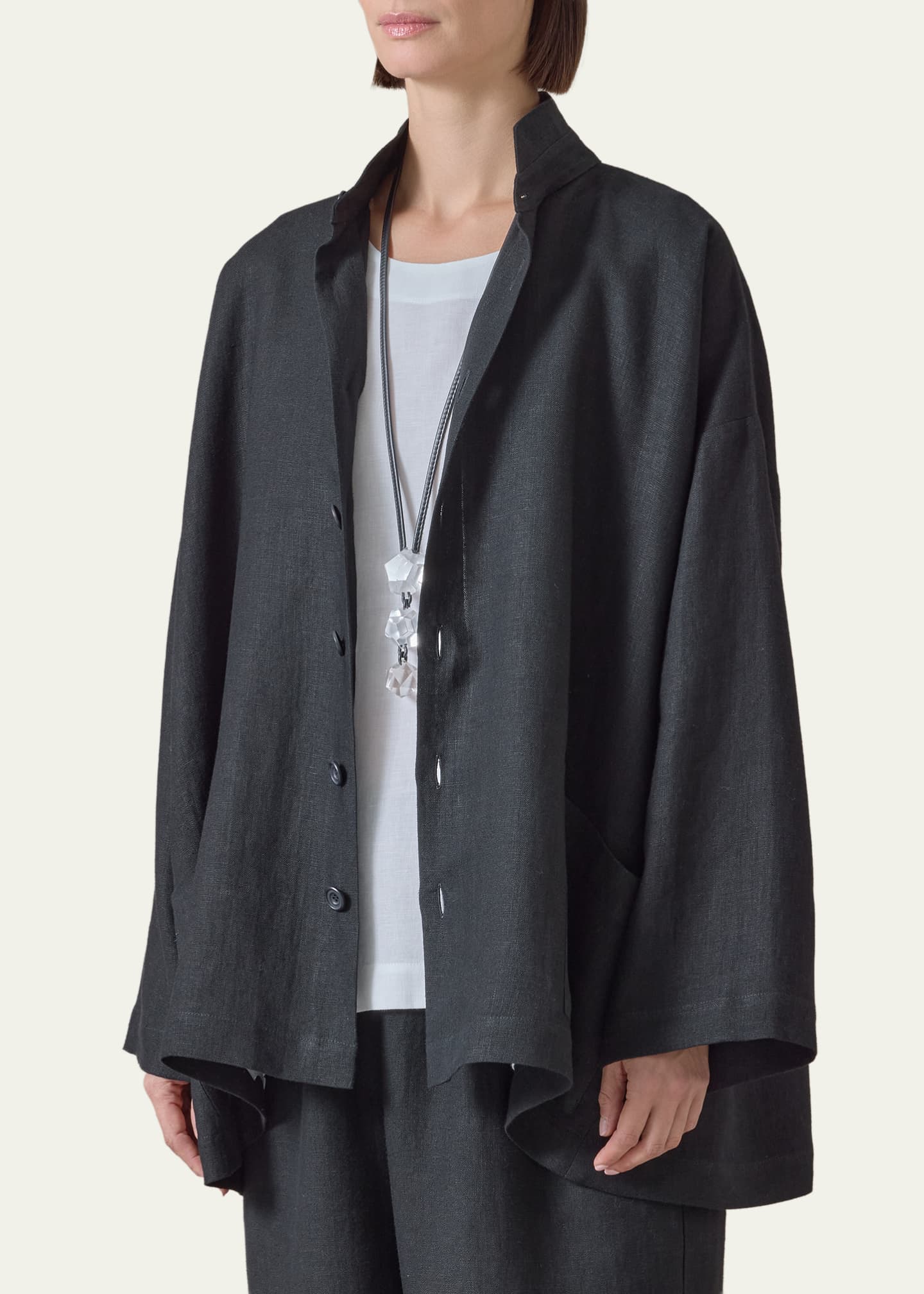 eskandar エスカンダー　リネンセットアップ Eskandar Heavyweight Linen Angle-To-Front Double Stand Collar