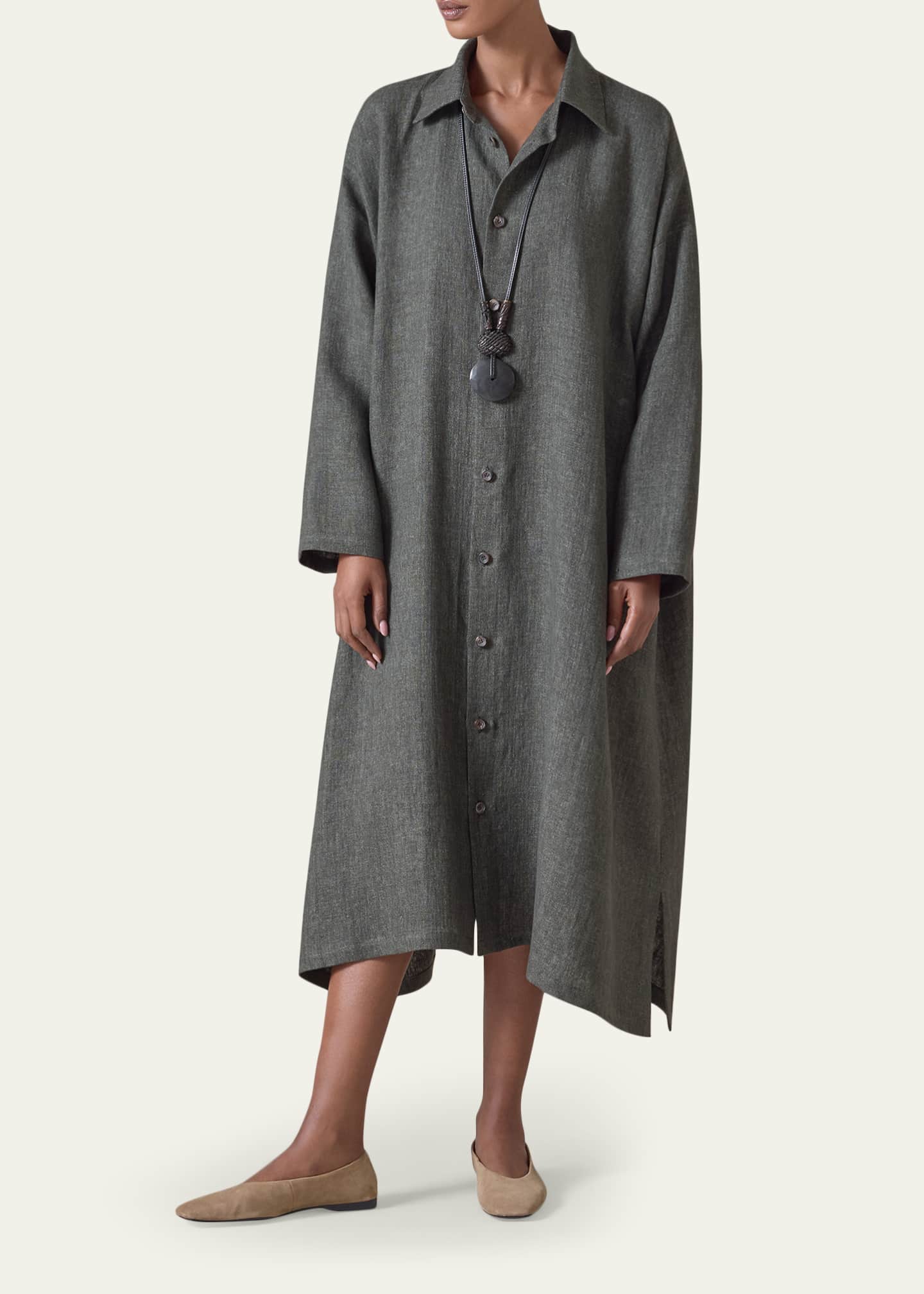 Eskandar Heavyweight Delave Linen Wide A-Line Shirt Dress With