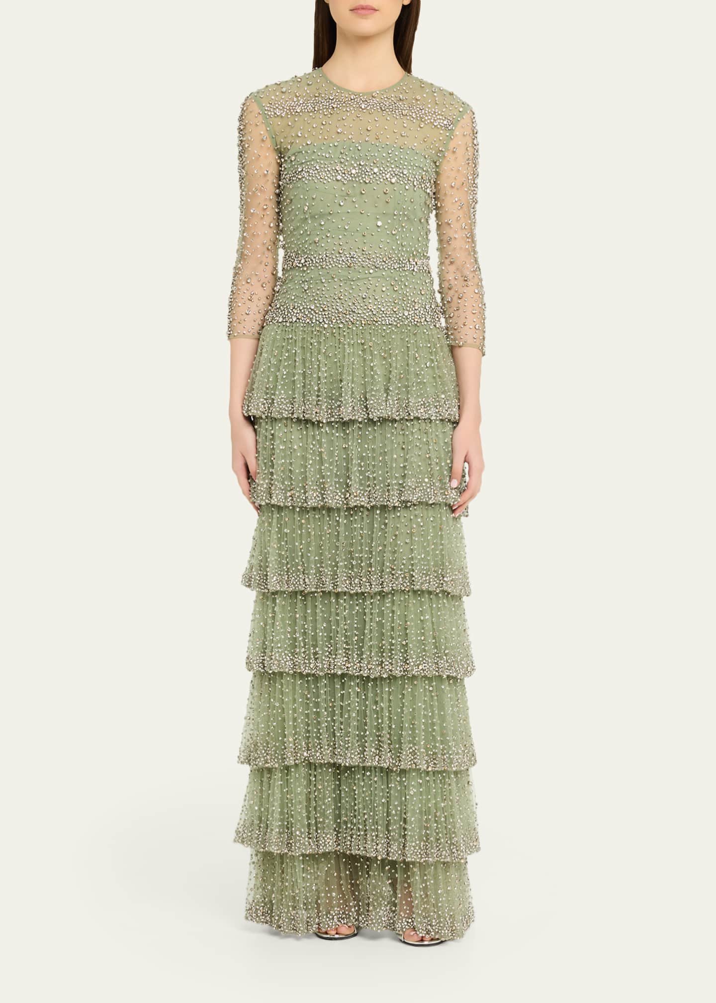 costarellos green dress Costarellos Solene Crystal Tiered Ruffle Gown, Sage Green, Women's, 40, Evening Formal Gala Gowns Mother of the Bride Groom Evening Gowns