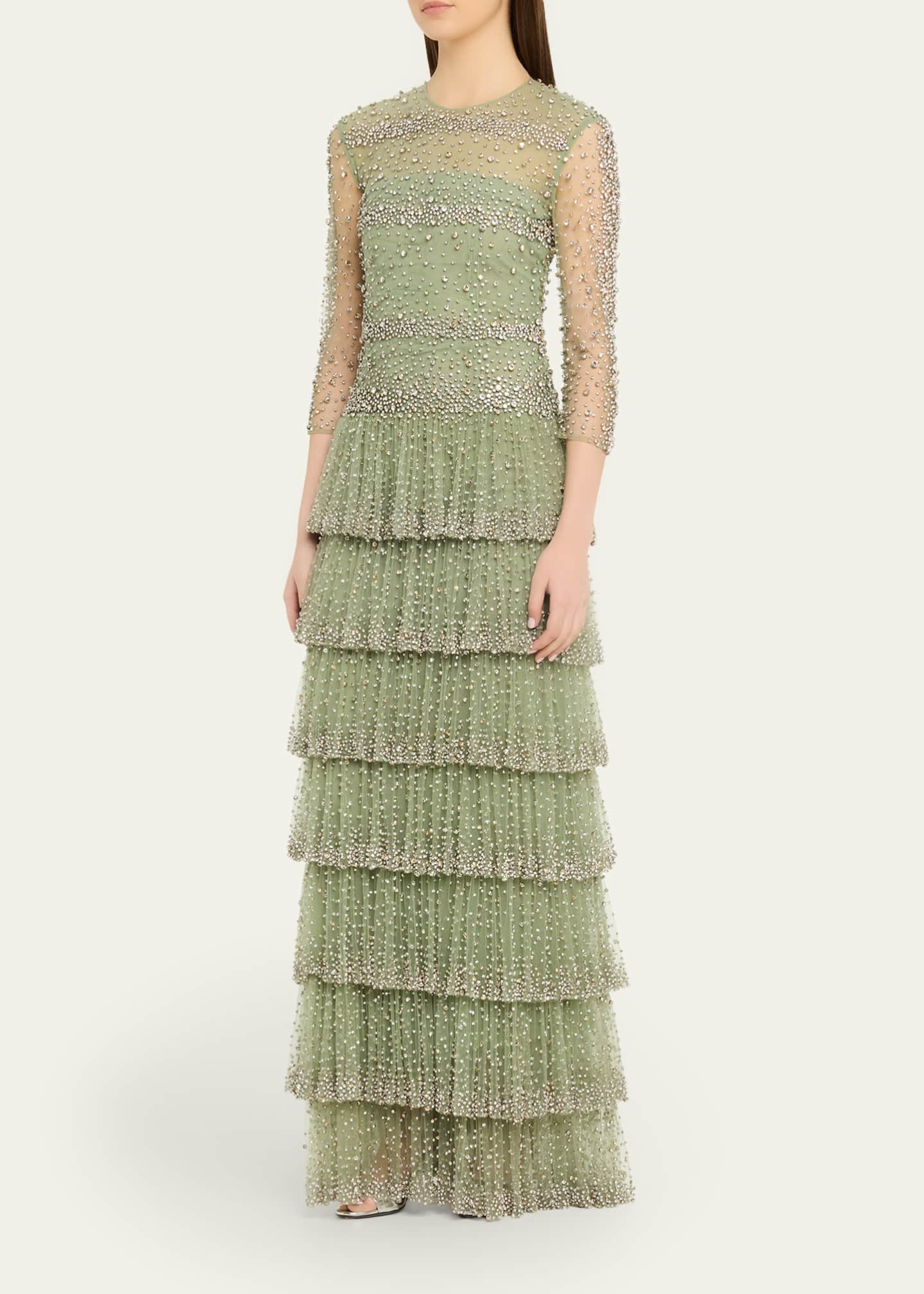 Costarellos Solene Crystal Tiered Ruffle Gown, Sage Green, Women's, 44, Evening Formal Gala Gowns Mother of the Bride Groom Evening Gowns