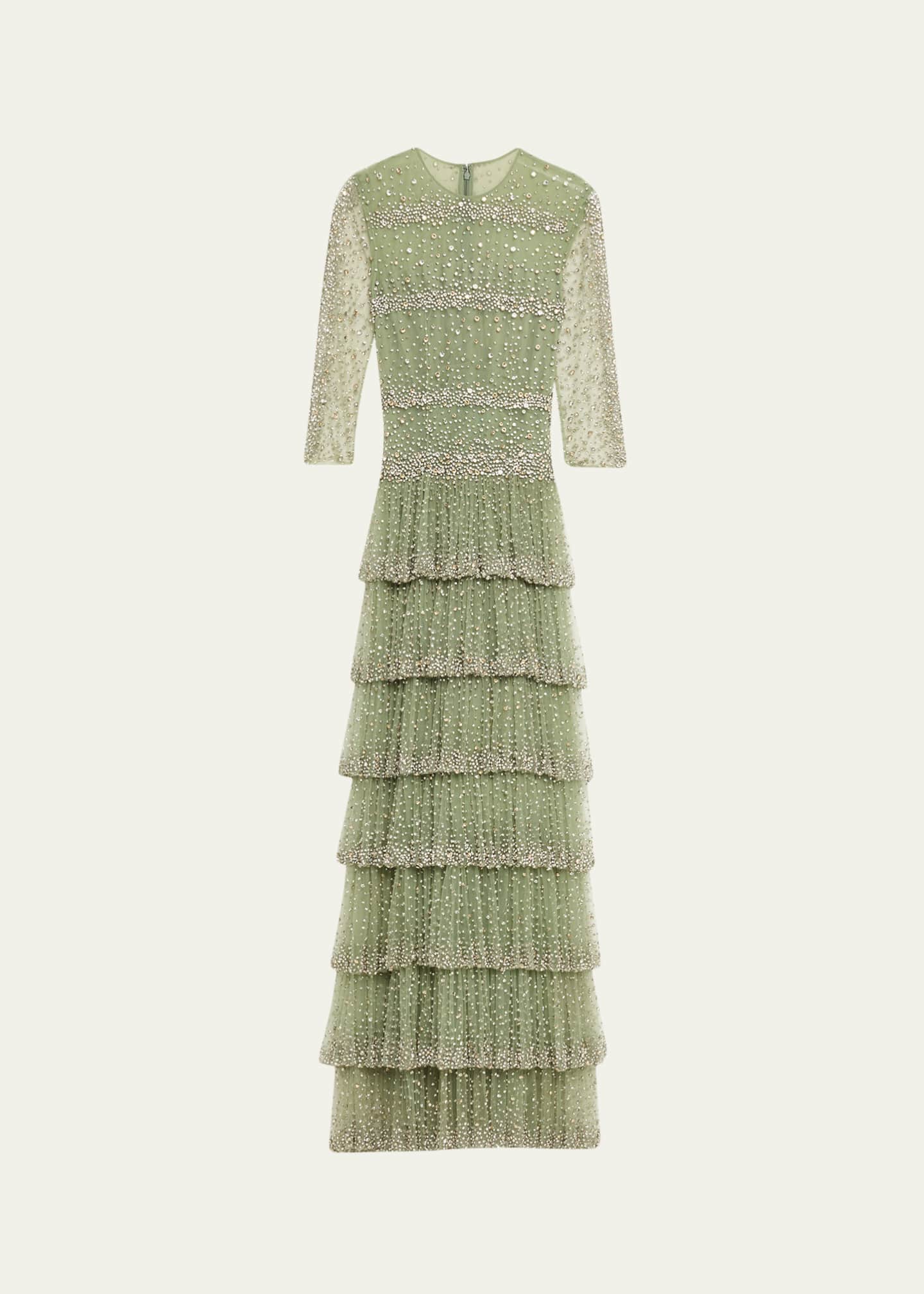 costarellos linen dress Costarellos Solene Crystal Tiered Ruffle Gown, Sage Green, Women's, 40, Evening Formal Gala Gowns Mother of the Bride Groom Evening Gowns